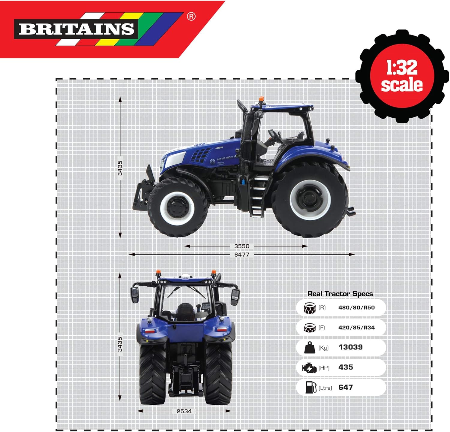 Britains 43216 T8 Traktor New Holland T8.435 – Juego coleccionable para niños, tractor compatible con todos los juguetes de granja a escala 132,