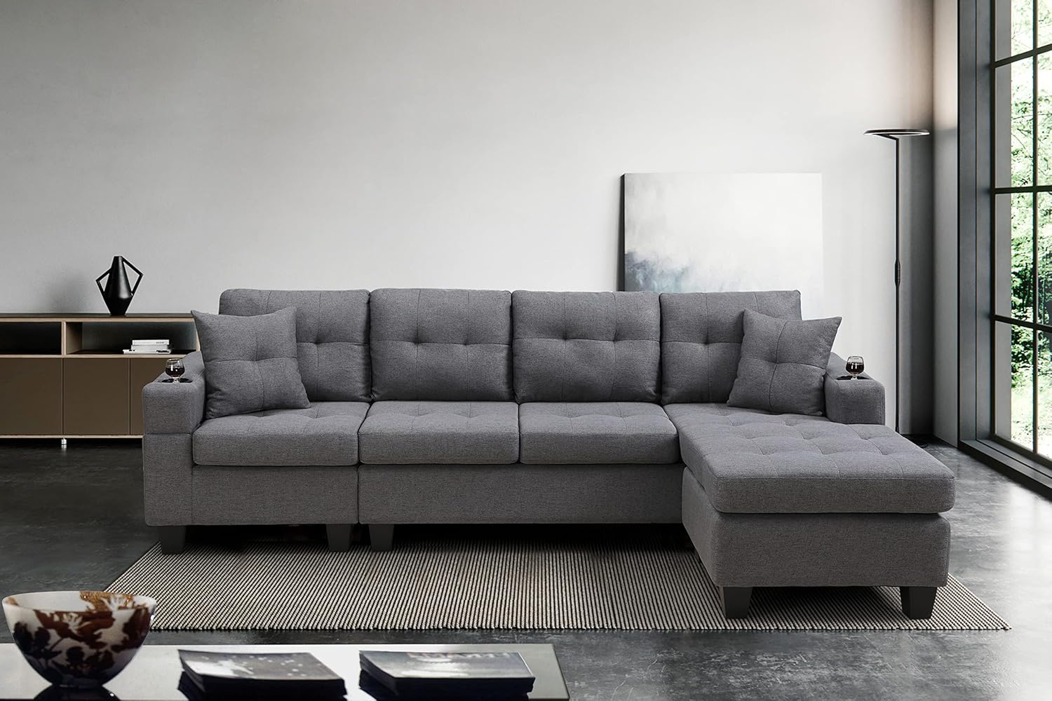 Sofá modular moderno en forma de L, sofá tapizado de tela con diván reversible y 2 portavasos, para sala de estar pequeña, color gris