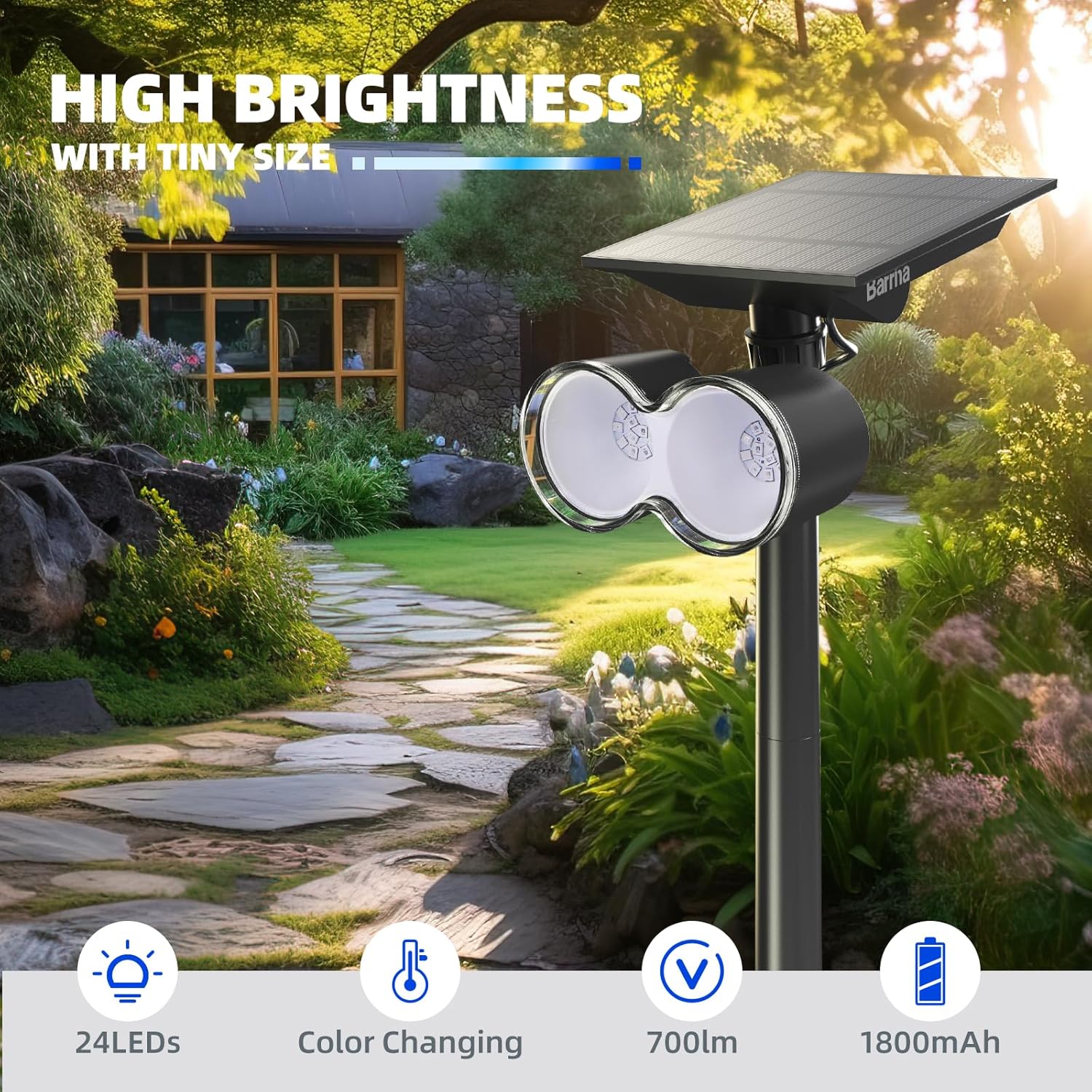 Barrina Focos solares impermeables para exteriores, luz solar ajustable horizontal de 360, 24 LED que cambian de color, luces solares de