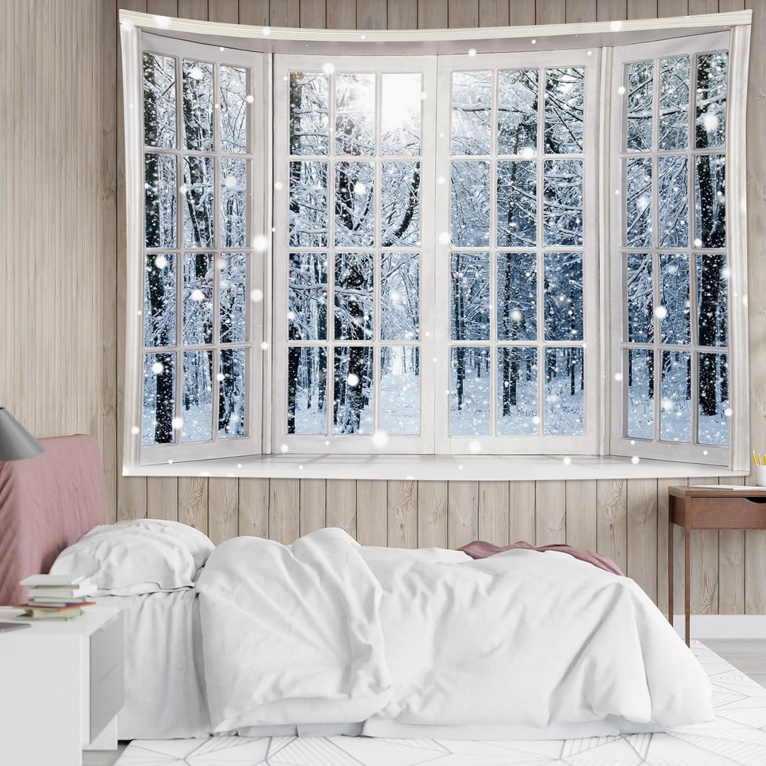HVEST Tapiz de invierno para colgar en la pared, bosque de pinos nevados, tapiz para ventana exterior, tapiz para dormitorio, nieve blanca de