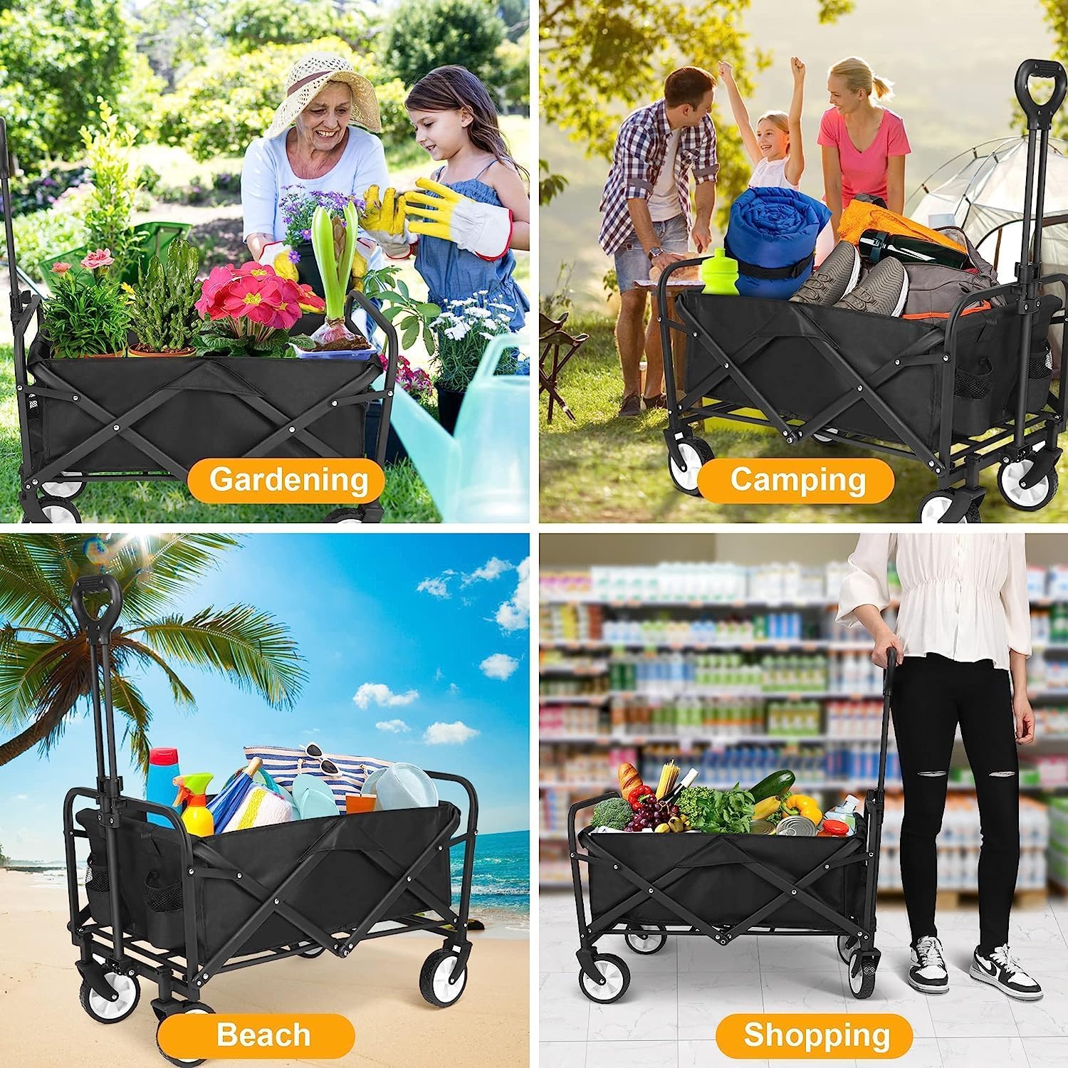 Carro plegable de gran capacidad para jardinería, camping, compras, playa y deportes al aire libre