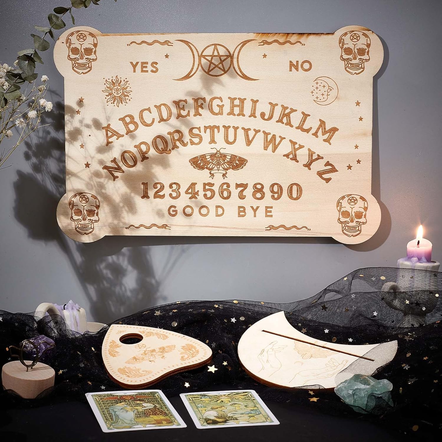 CREATCABIN Tablero de madera para péndulo, tablero de tarot, kit de soporte de cartas de madera con plancha y radiestesia, mensaje metafísico de