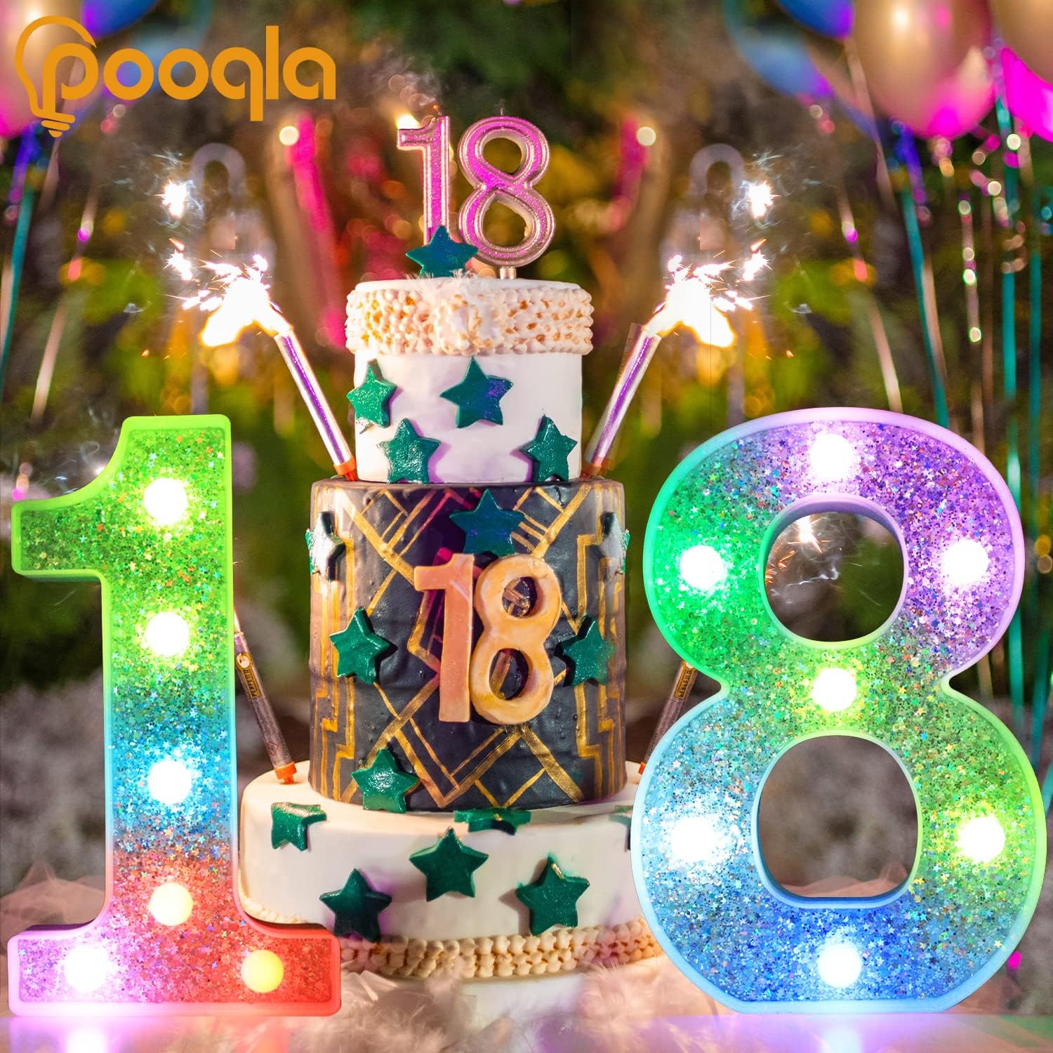 Pooqla Números iluminados coloridos, luces LED plateadas de números de marquesina que funcionan con pilas, 16 colores con purpurina para niñas,