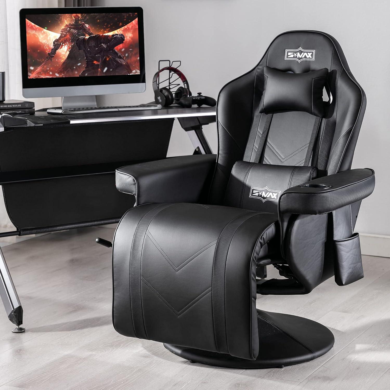 S*MAX Silla reclinable para juegos para adultos, estilo carreras, ergonómica, con respaldo alto, giratoria, de piel sintética, con respaldo