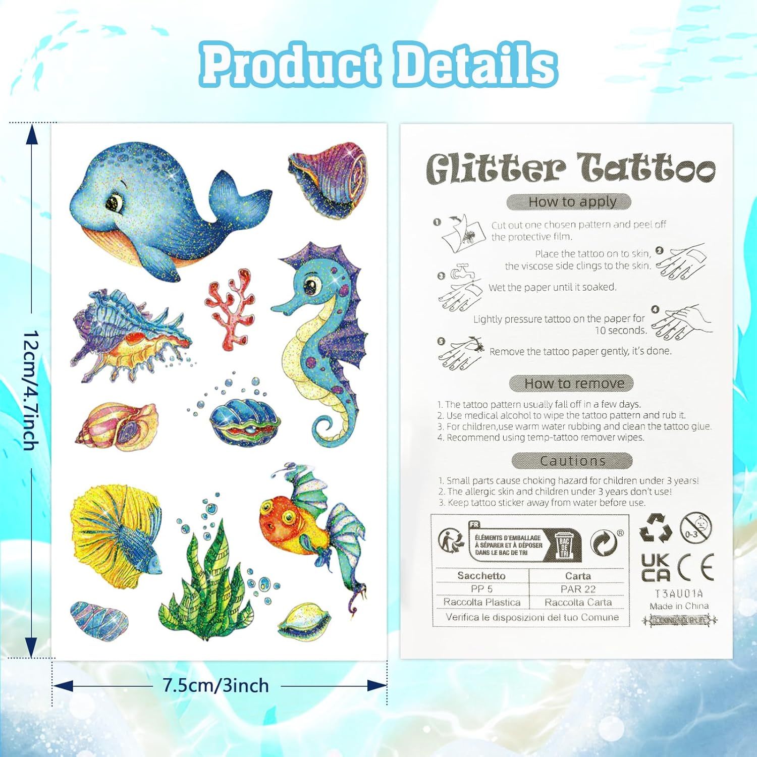 Konsait Más de 120 tatuajes temporales del océano, tatuajes con purpurina bajo el mar para niños y adultos, tatuajes de peces de vida marina,