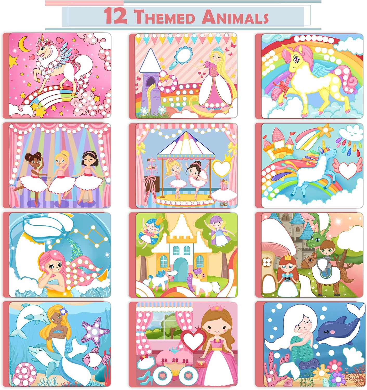 Weipbwor DIY Dot Sticker Art Craft, 12 imágenes temáticas de unicornio y princesa sirena, arte adhesivo sin ensuciar, juegos de iluminación, viajes