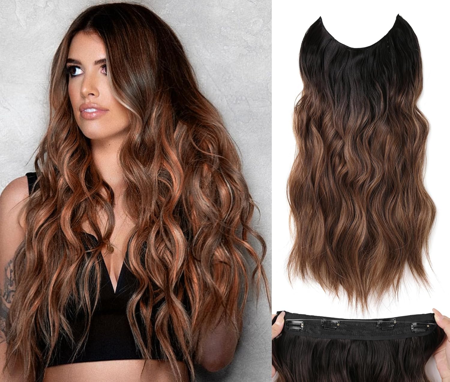 Extensiones de cabello tipo halo de 20 pulgadas, con alambre invisible, largo, ondulado, color marrón degradado, extensiones de cabello para mujer,