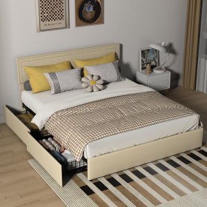 Base de cama con 4 cajones, plataforma de metal resistente con cabecero y estribo, no necesita somier, antideslizante, sin ruido, fácil montaje Base de cama con 4 cajones, plataforma de metal resistente con cabecero y estribo, no necesita somier, antideslizante, sin ruido, fácil montaje