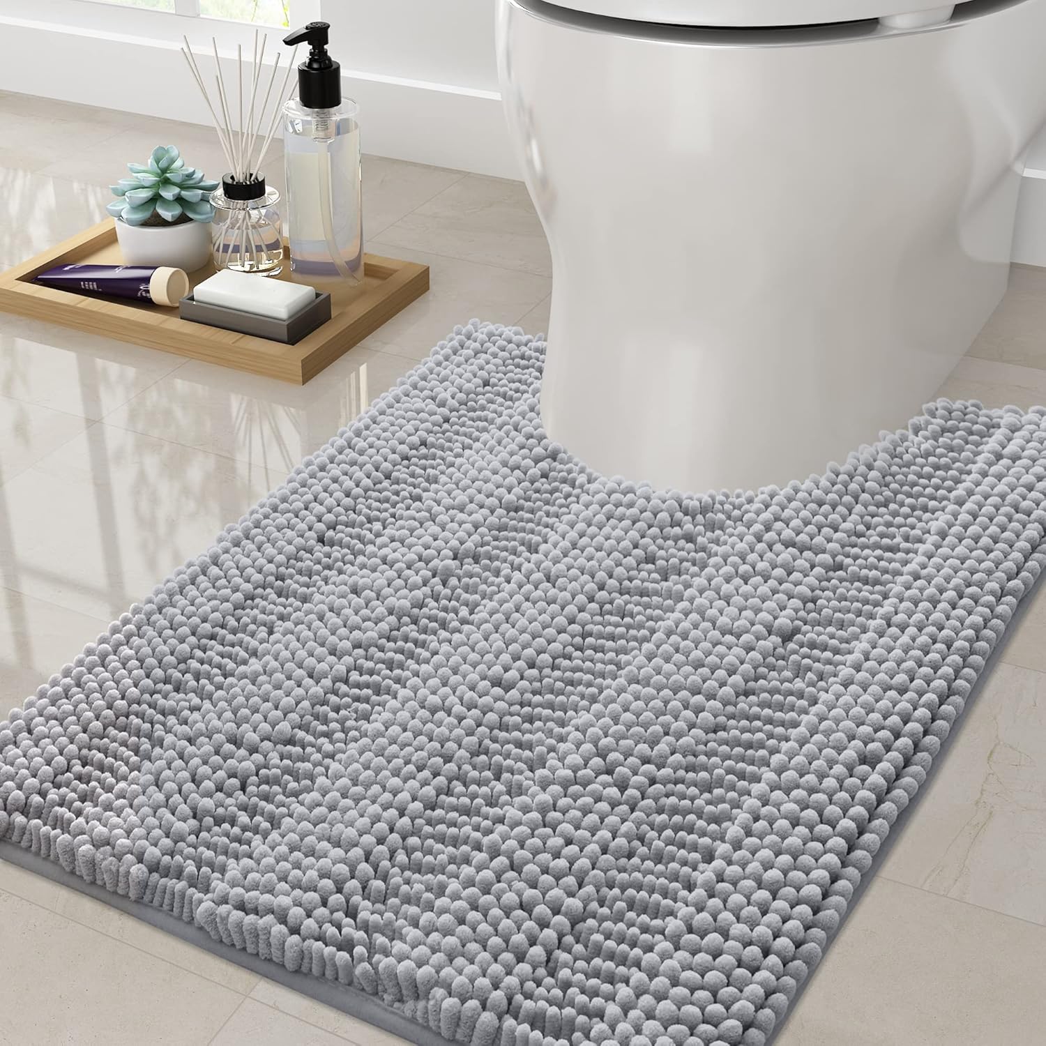 Grandaily Alfombras de baño de felpilla a rayas y alfombras para inodoro en forma de U, tamaño de alfombra de baño 24 x 16 pulgadas y alfombras de