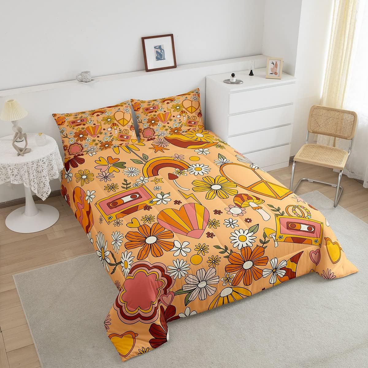 Groovy Style – Juego de edredón de tamaño matrimonial, juego de ropa de cama vintage de los años 60 y 70 con diseño de garabatos de flores para