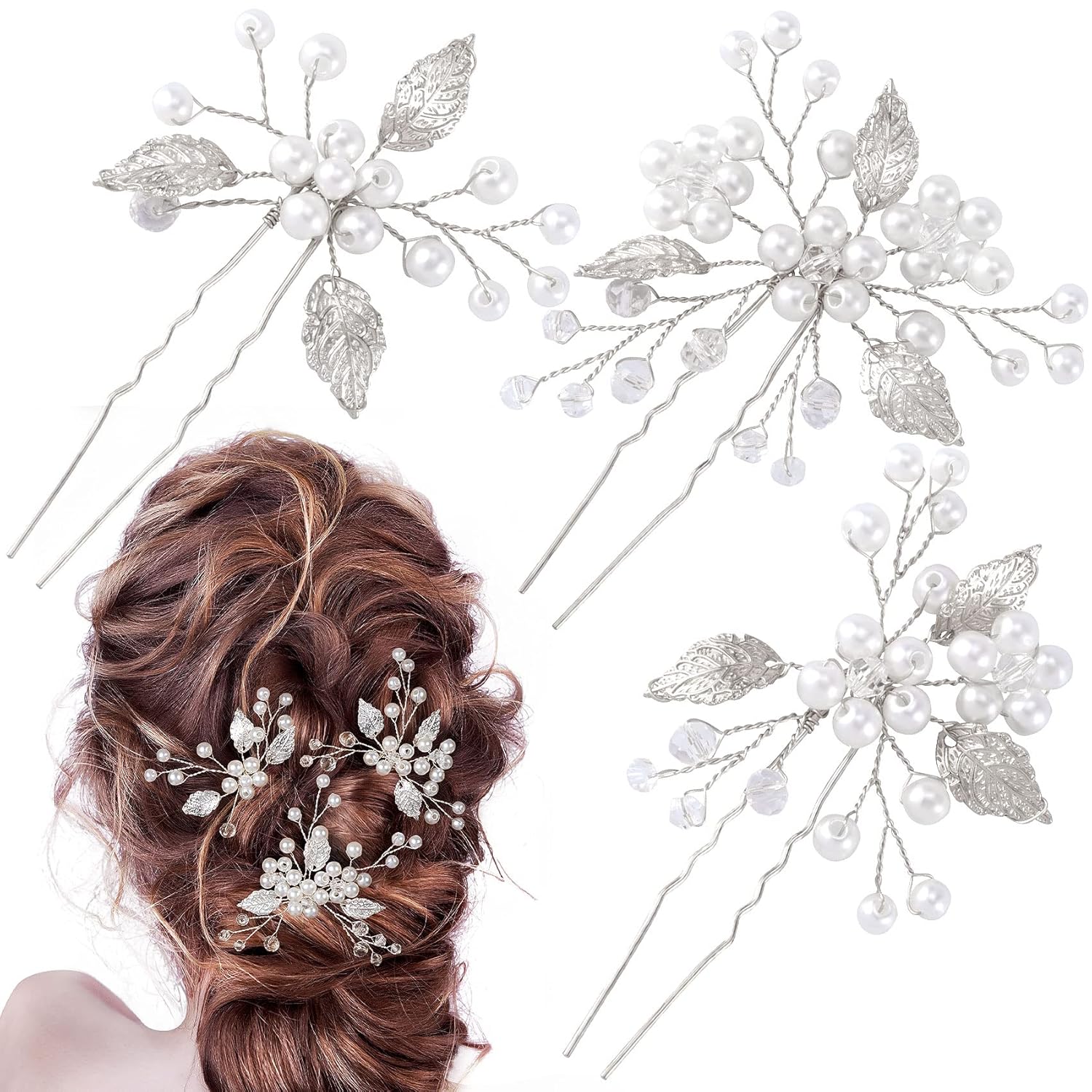 ANCIRS Paquete de 3 alfileres de peinado de boda con perlas, estilo vintage con hojas de novia, accesorios para el cabello de flores con diamantes