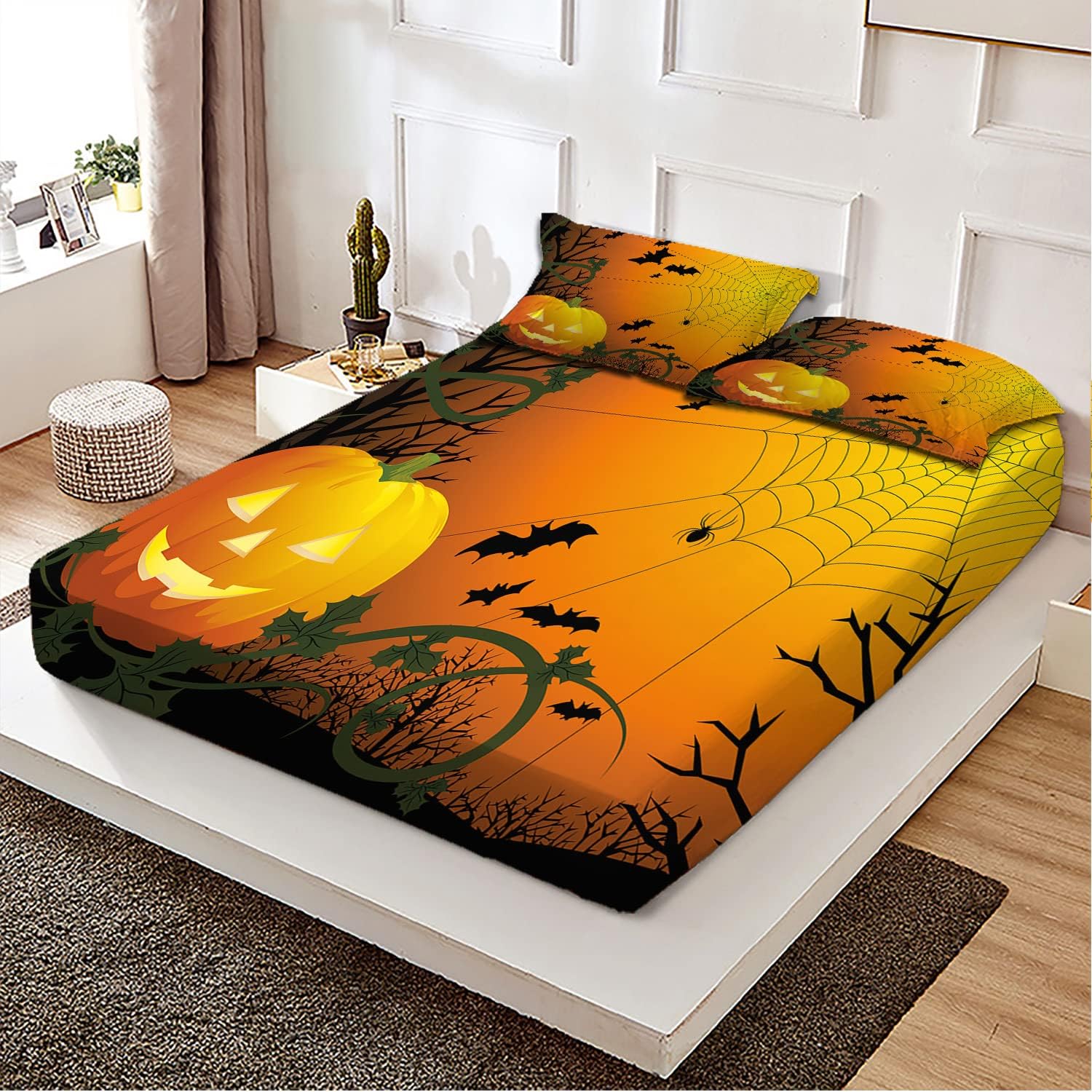 Juego de sábanas bajeras con diseño de hojas de calabaza, diseño de Halloween, decoración de ropa de cama de 3 piezas, bolsillo profundo, calidez