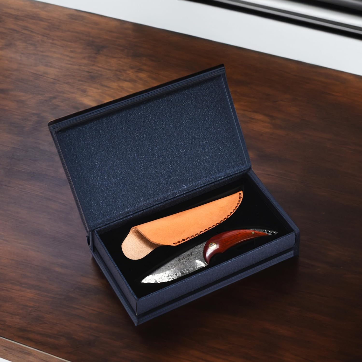 Outlery Cuchillo de acero de Damasco  Cuchillo táctico de caza de hoja fija con funda para cinturón, acero de calidad hecho a mano, ideal para