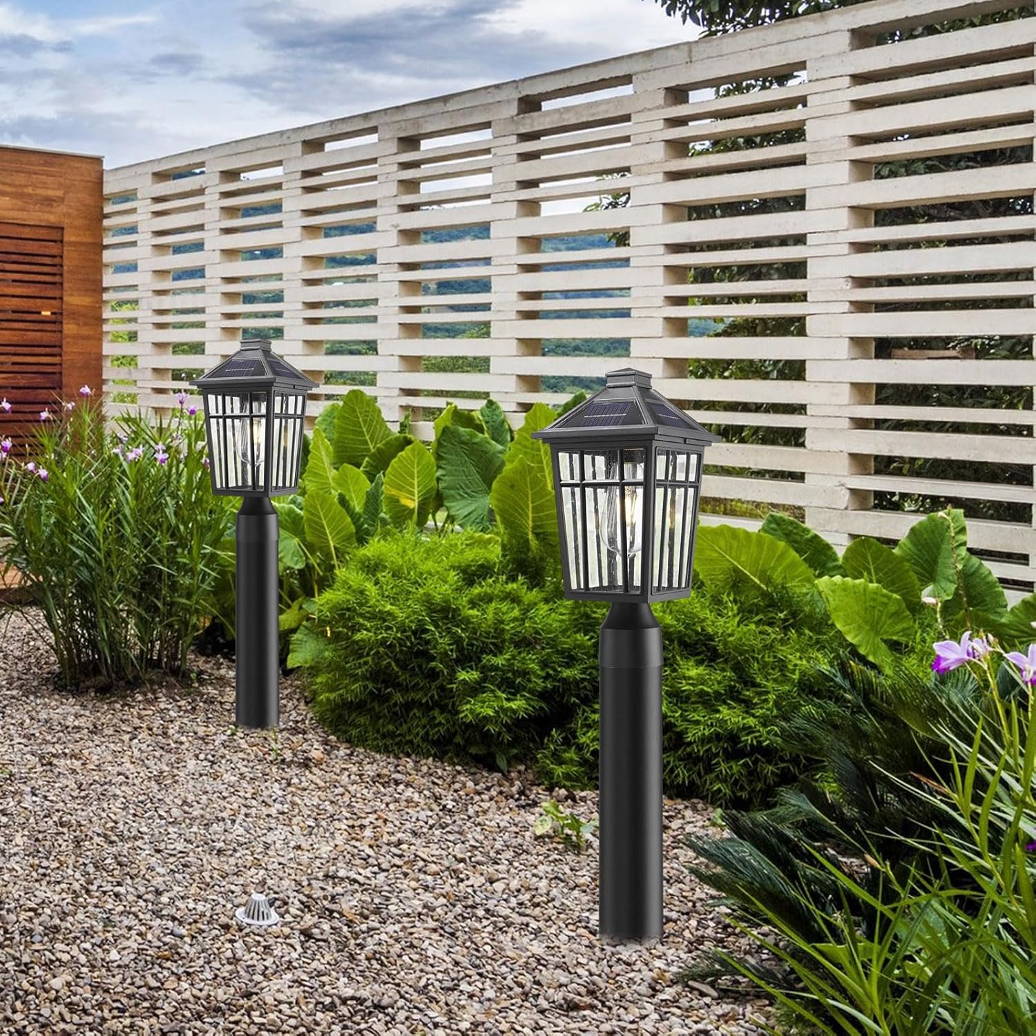 Darkaway Lámpara de poste solar para exteriores, poste de luz de aluminio del atardecer al amanecer, poste de lámpara con control remoto, lámpara de
