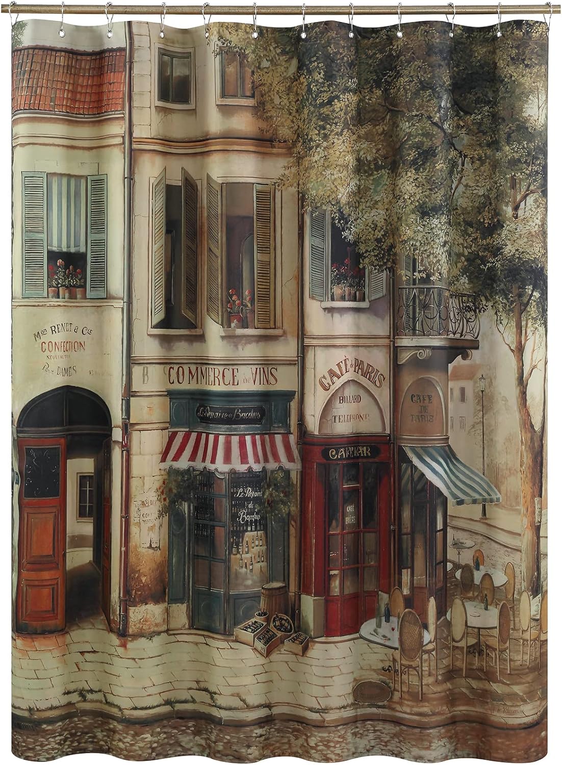Cafe de Paris Cortina de ducha de tela vintage impermeable con estampado de granja de chocolate de poliéster marrón para baño, 72 pulgadas de ancho