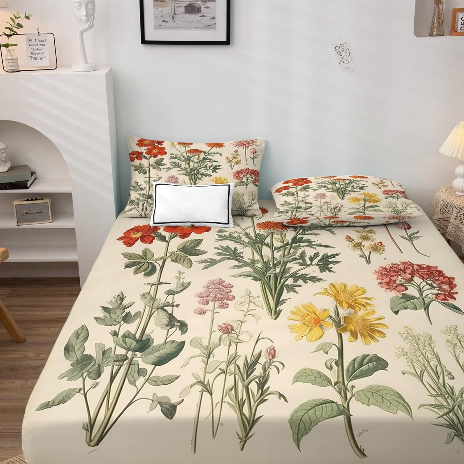 zcsm Wildflower Sábanas tamaño Queen  Sábanas botánicas de microfibra suave con bolsillo profundo y sábanas estampadas sin arrugas, 4 piezas (1