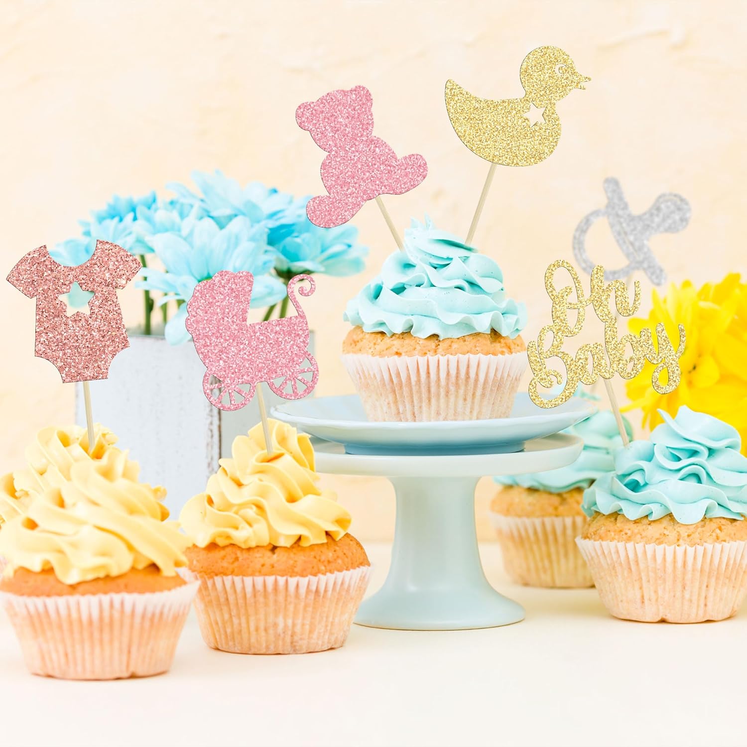 Gyufise 36 piezas de decoración para cupcakes con purpurina para baby shower, chupete de oso, carro, revelación de género, decoración de pasteles