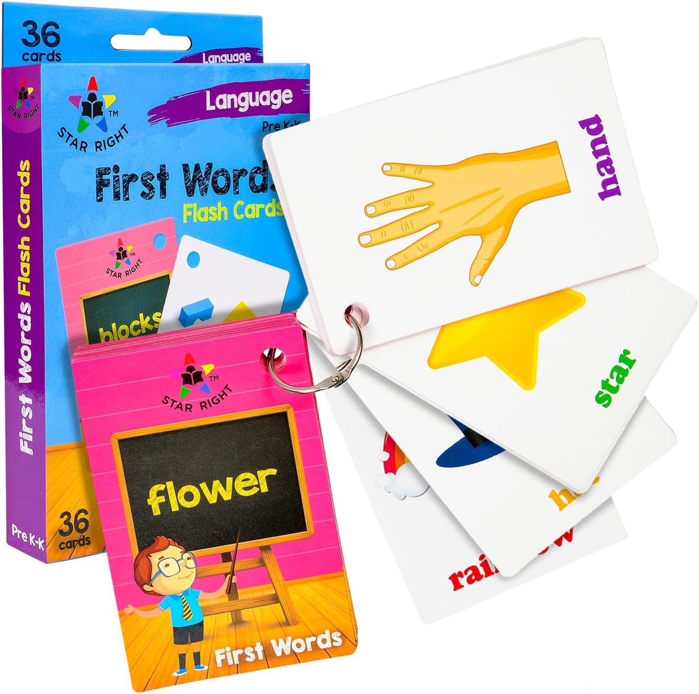 Star Right First Words – Tarjetas flash con arte realista, 36 tarjetas, con 1 anillo, para edades de prekínder y K