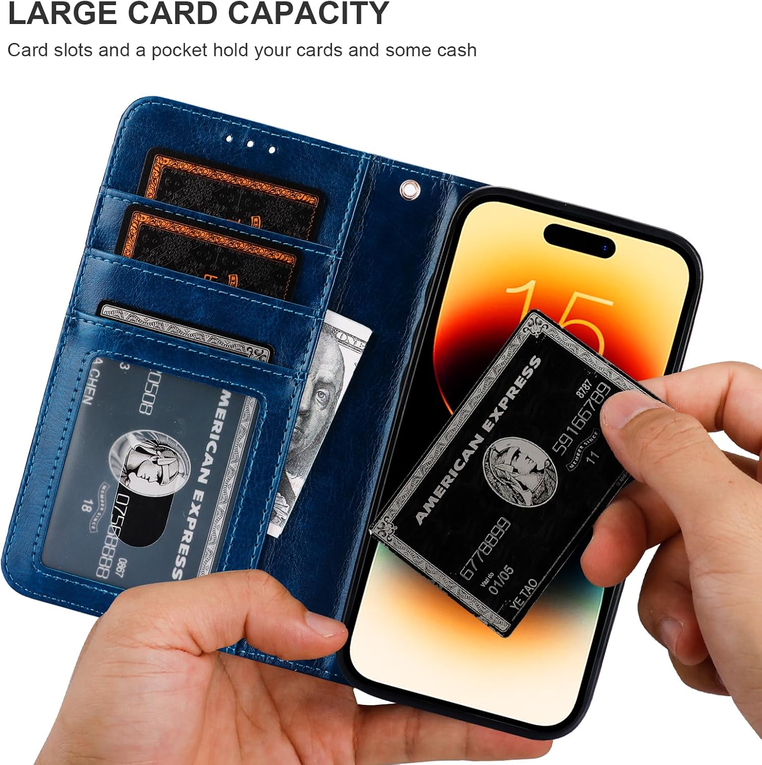 Bocasal Funda tipo cartera desmontable para iPhone 15 Pro con bloqueo RFID, ranuras para tarjetas, soporte magnético de piel sintética de alta
