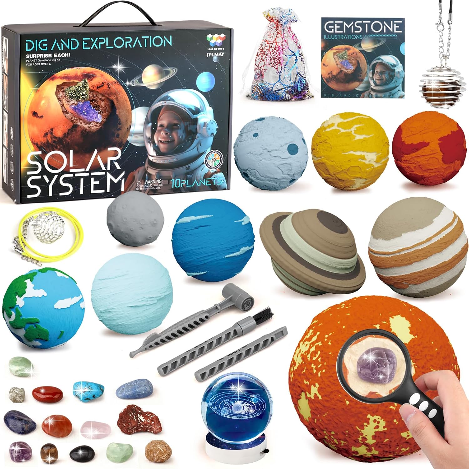 Woumserta Kit de excavación de piedras preciosas, juguetes espaciales del sistema solar excavan 15 gemas de 10 planetas, kits de ciencia para niños