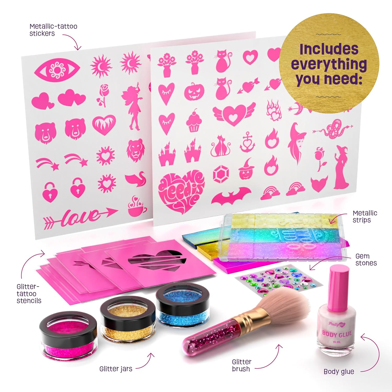 Kit de estudio de tatuajes temporales brillantes para niños, tatuajes falsos metálicos y con purpurina para niñas, ideas de regalo de cumpleaños
