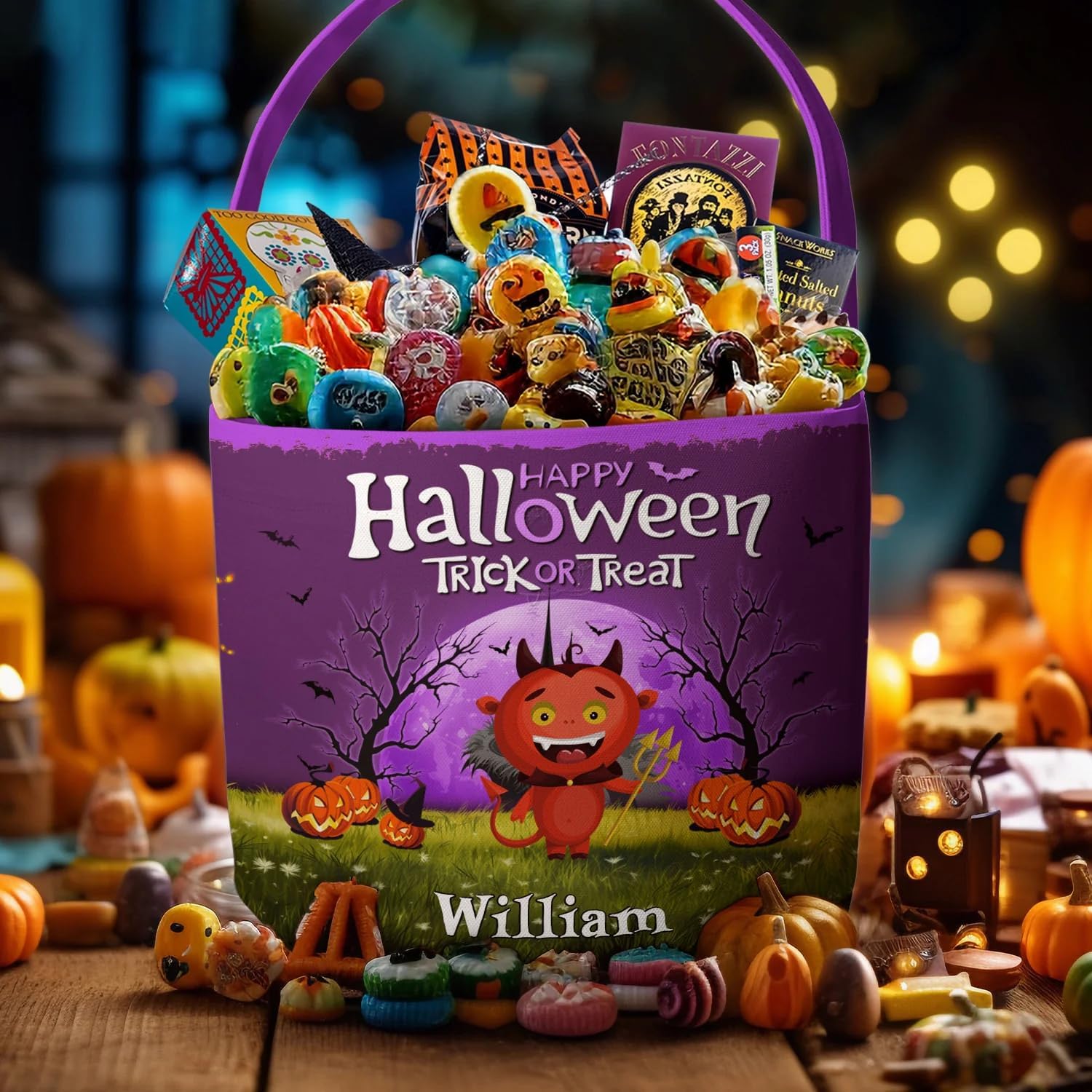 Macorner Cubo espeluznante personalizado de Halloween, regalos de Halloween para niños, cubo de caramelo con patrón de calabaza, bolsas de mano para