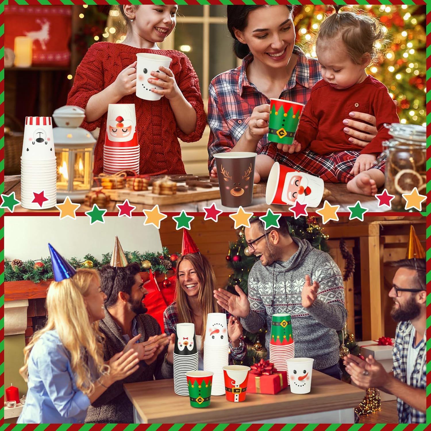 Zhehao 200 vasos de papel desechables de Navidad de 9 onzas, tazas de café desechables, Papá Noel, muñeco de nieve, alce, vasos calientes,