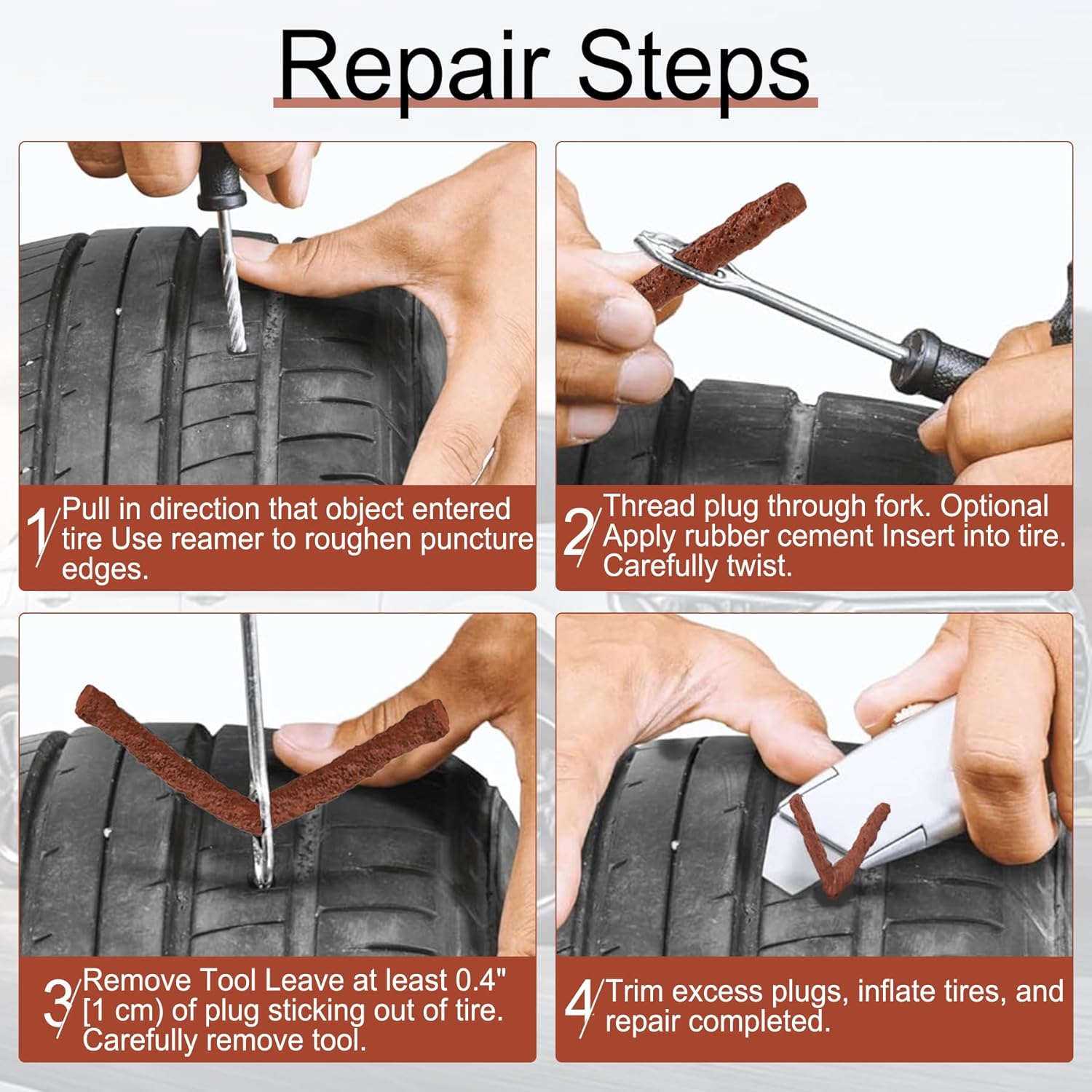 SINGARO 30 cuerdas de reparación de neumáticos marrones de 4 pulgadas para accesorios de automóvil, tapones profesionales de reparación de