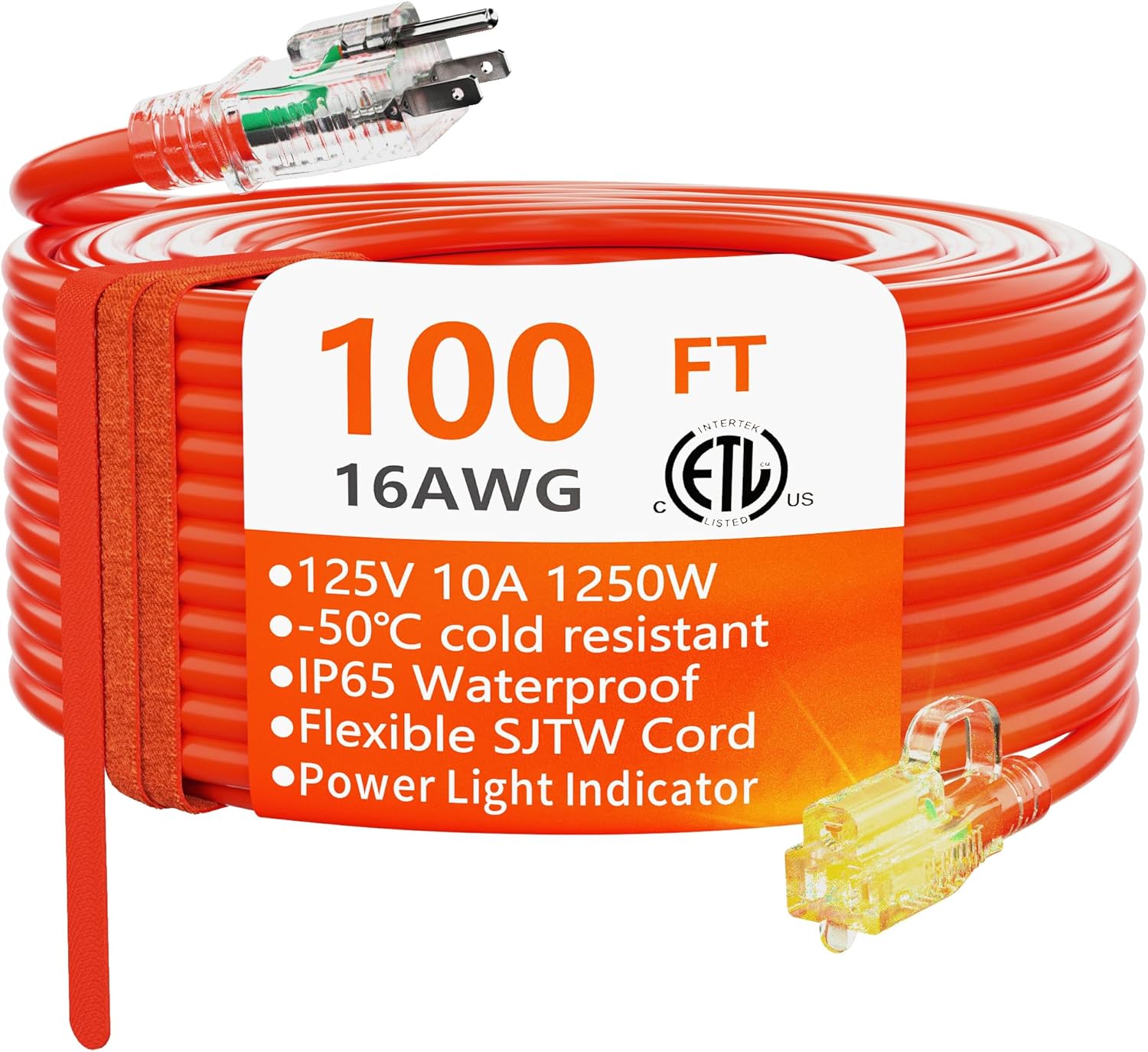 HUANCHAIN Cable de extensión para exteriores calibre 163 de 100 pies, impermeable, con cable de alimentación de 3 clavijas iluminado y flexible para