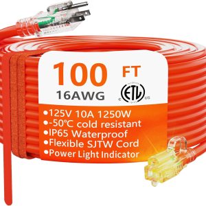 HUANCHAIN Cable de extensión para exteriores calibre 163 de 100 pies, impermeable, con cable de alimentación de 3 clavijas iluminado y flexible para HUANCHAIN Cable de extensión para exteriores calibre 163 de 100 pies, impermeable, con cable de alimentación de 3 clavijas iluminado y flexible para