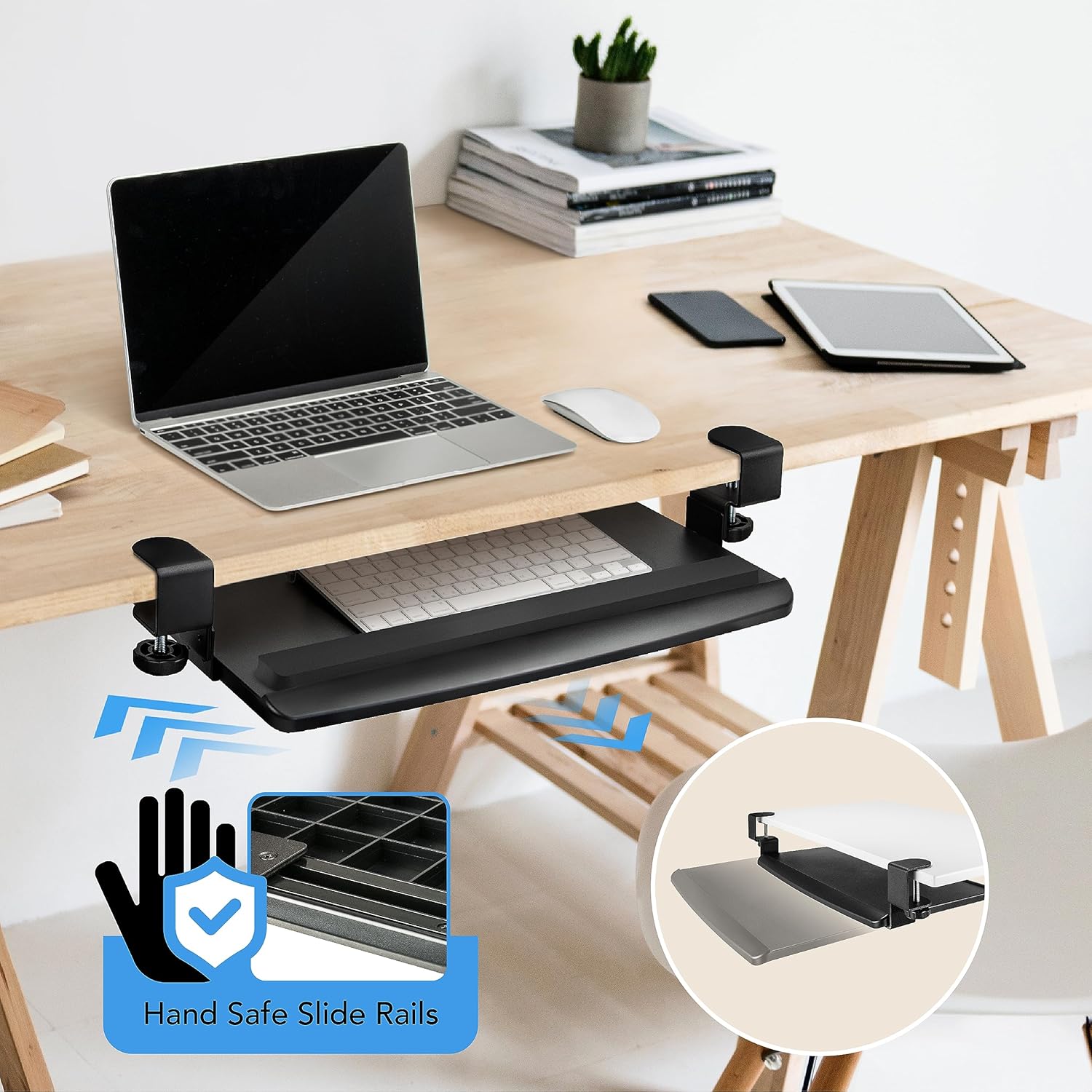 EHO Bandeja de teclado ajustable retráctil con abrazadera, bandeja ergonómica para teclado debajo del escritorio, fácil instalación sin