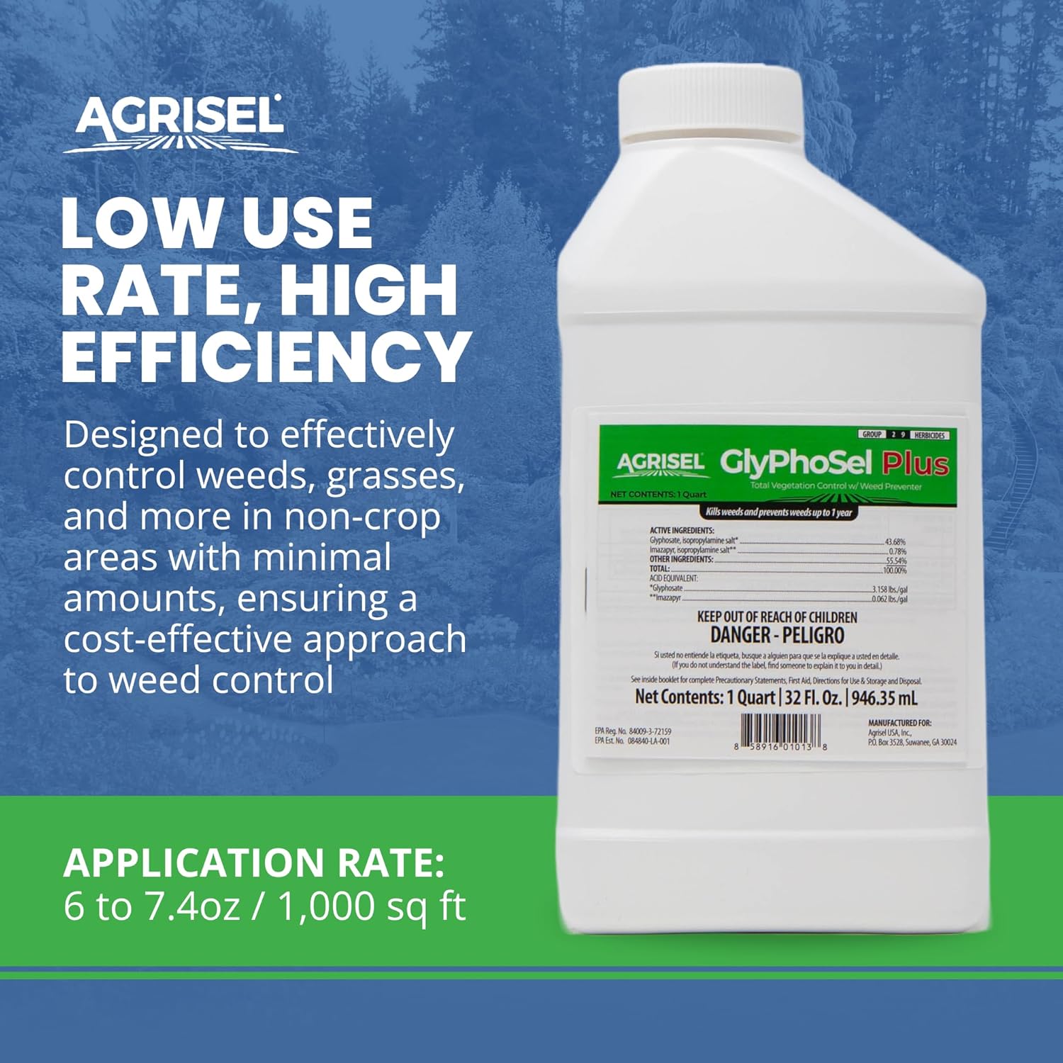 Agrisel GlyPhoSel Plus herbicida post-emergente, acción de larga duración, elimina las malas hierbas duras de la hoja a la raíz, para áreas no