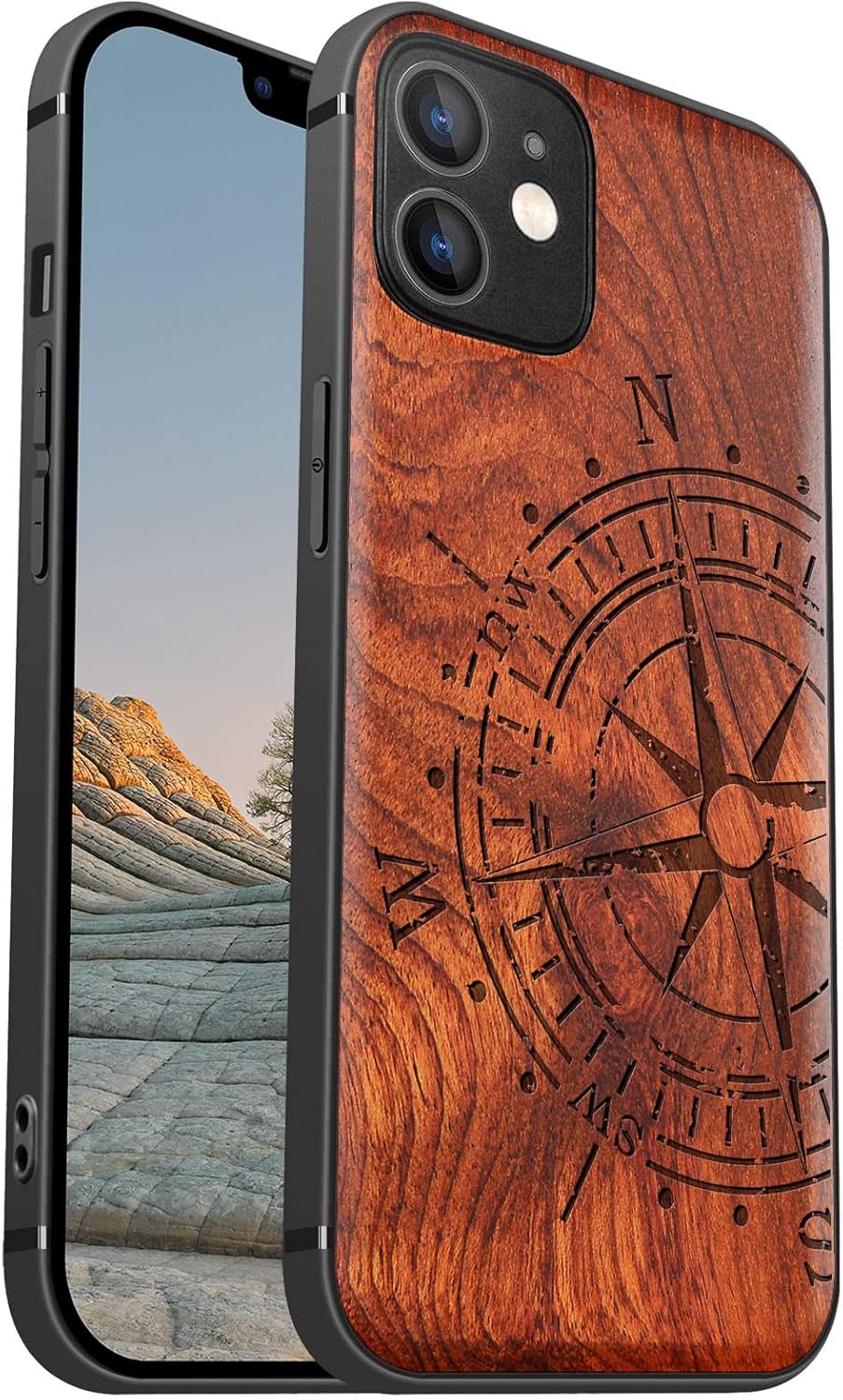 Carveit Funda magnética de madera para iPhone 12 madera natural y TPU suave negro a prueba de golpes, funda protectora única y elegante de madera