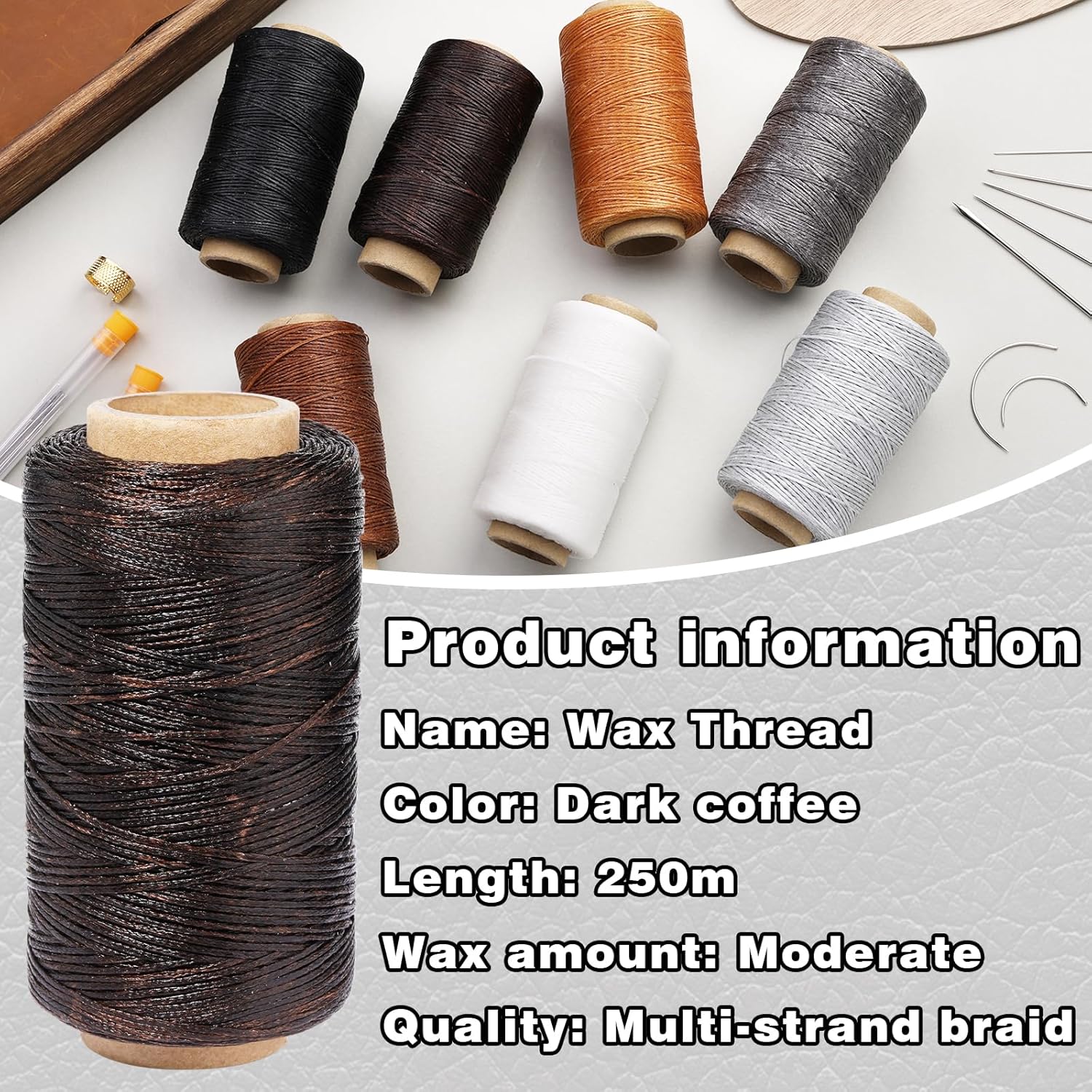 Hilo encerado, hilo encerado de cuero, color café oscuro, hilo encerado de 820.2 ft con agujas de coser a mano de cuero, dedal, para manualidades de