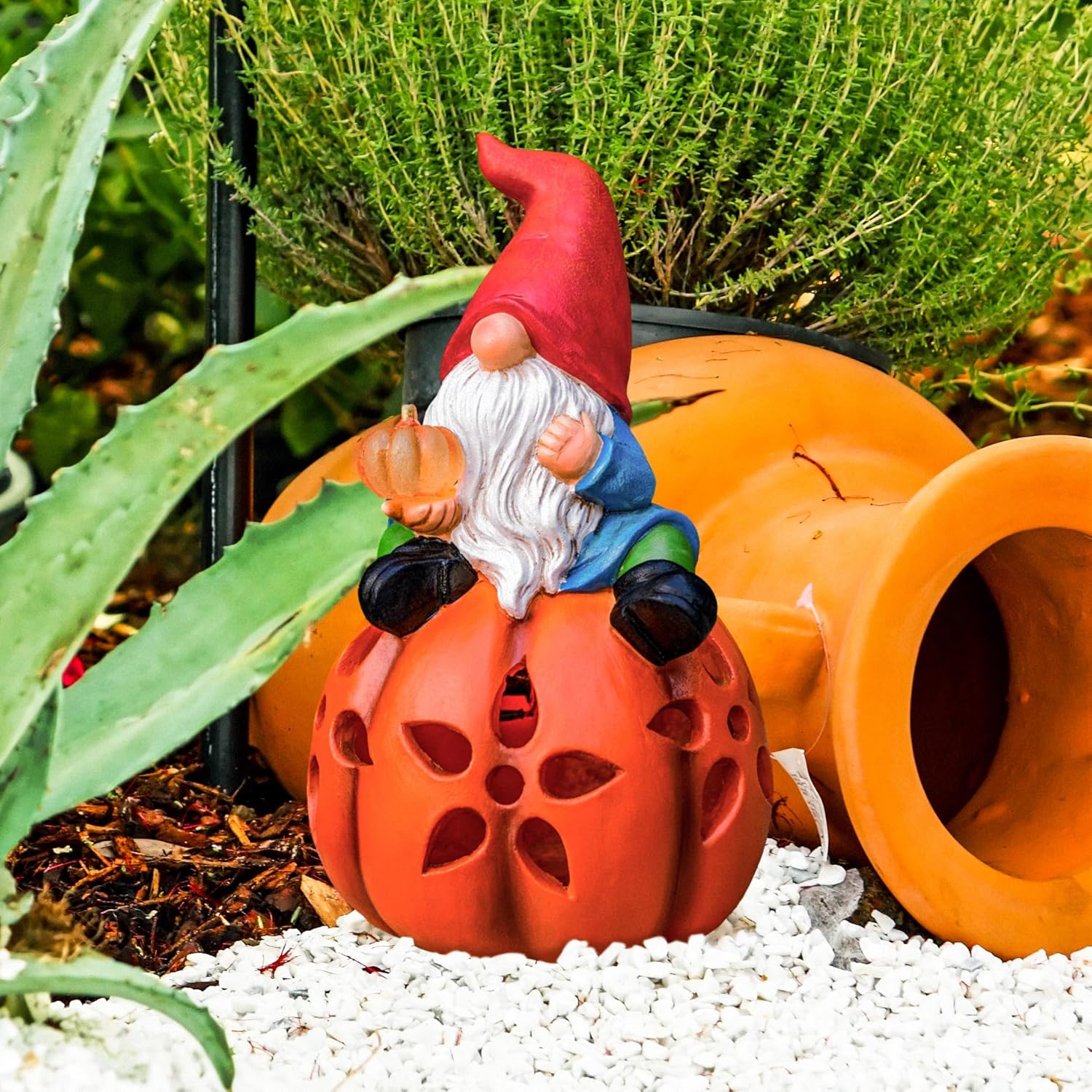 Estatuas solares de gnomo, decoración de primavera, gnomos de calabaza con luces LED, regalos de jardinería para mujeres, mamá, escultura artística