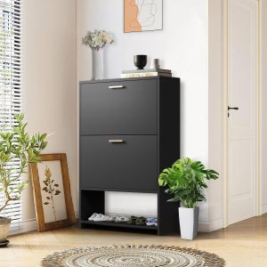 kavey Zapatero con 2 cajones abatibles para entrada, moderno organizador de zapatos delgado independiente con estante abierto, 10-20 pares de kavey Zapatero con 2 cajones abatibles para entrada, moderno organizador de zapatos delgado independiente con estante abierto, 10-20 pares de