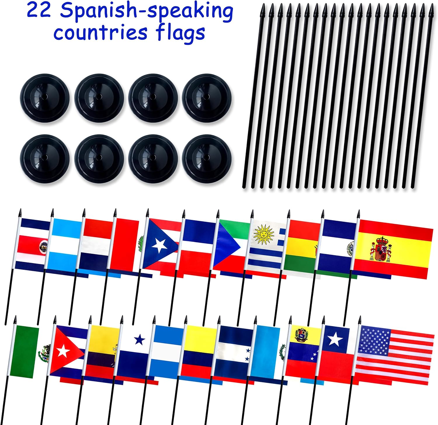 LZXING Juego de banderas de escritorio de habla hispana de 22 países pequeños, mini banderas latinoamericanas para decoraciones del mes hispano, 5 x