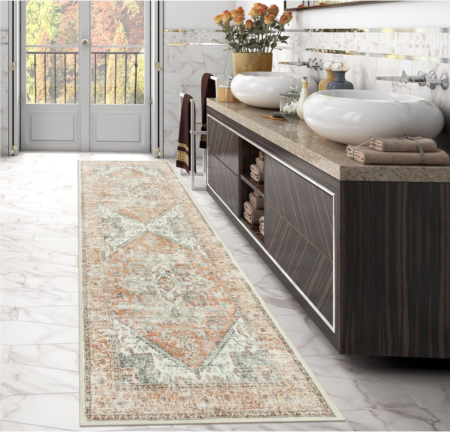 LIVEBOX Alfombra lavable a máquina de 2.5 x 8 pulgadas, con medallones, alfombra larga de cocina, alfombra decorativa ultrafina para mesita de