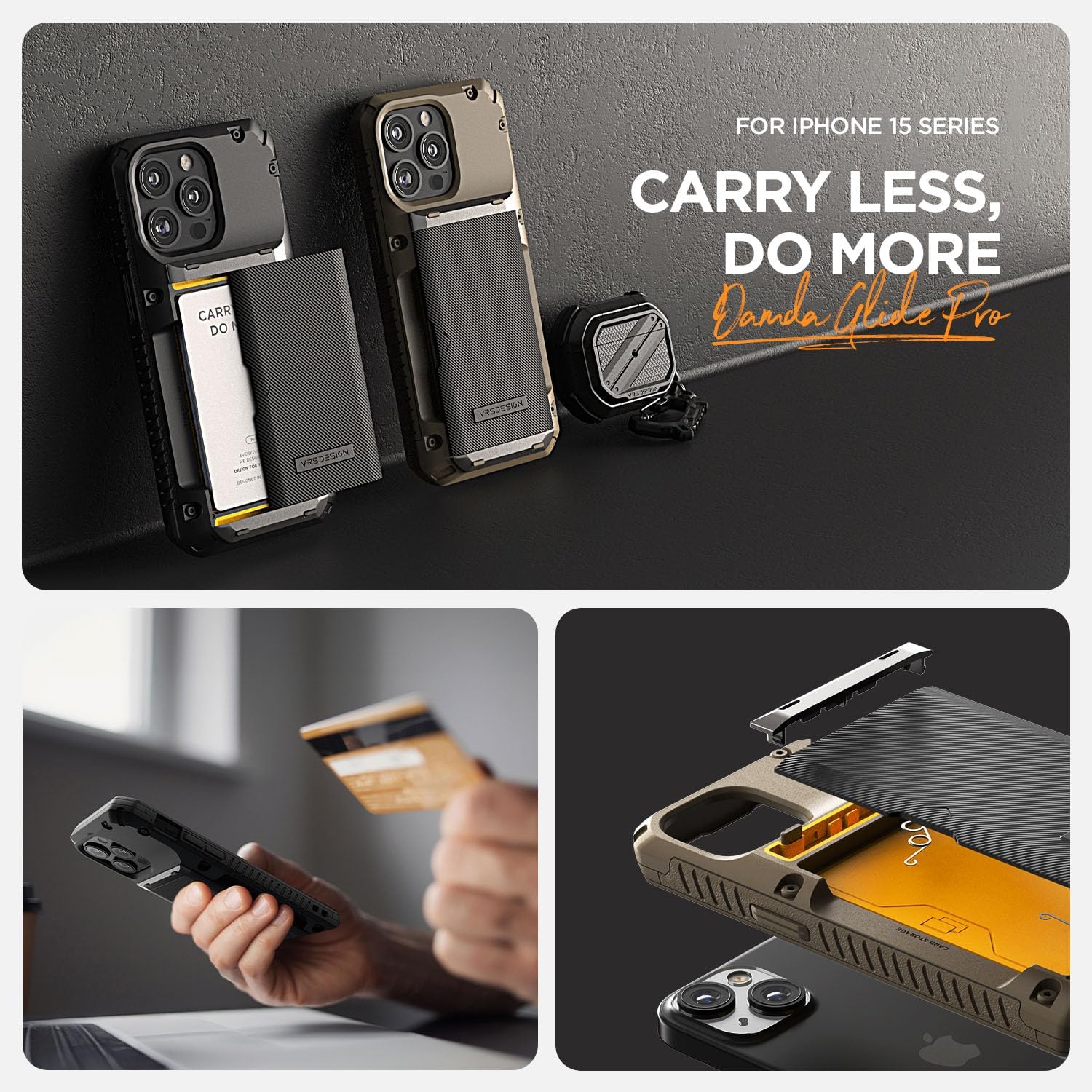 VRS DESIGN Damda Glide Pro – Funda para iPhone 15, resistente funda semiautomática (4 tarjetas) compatible con iPhone 15 (2023)
