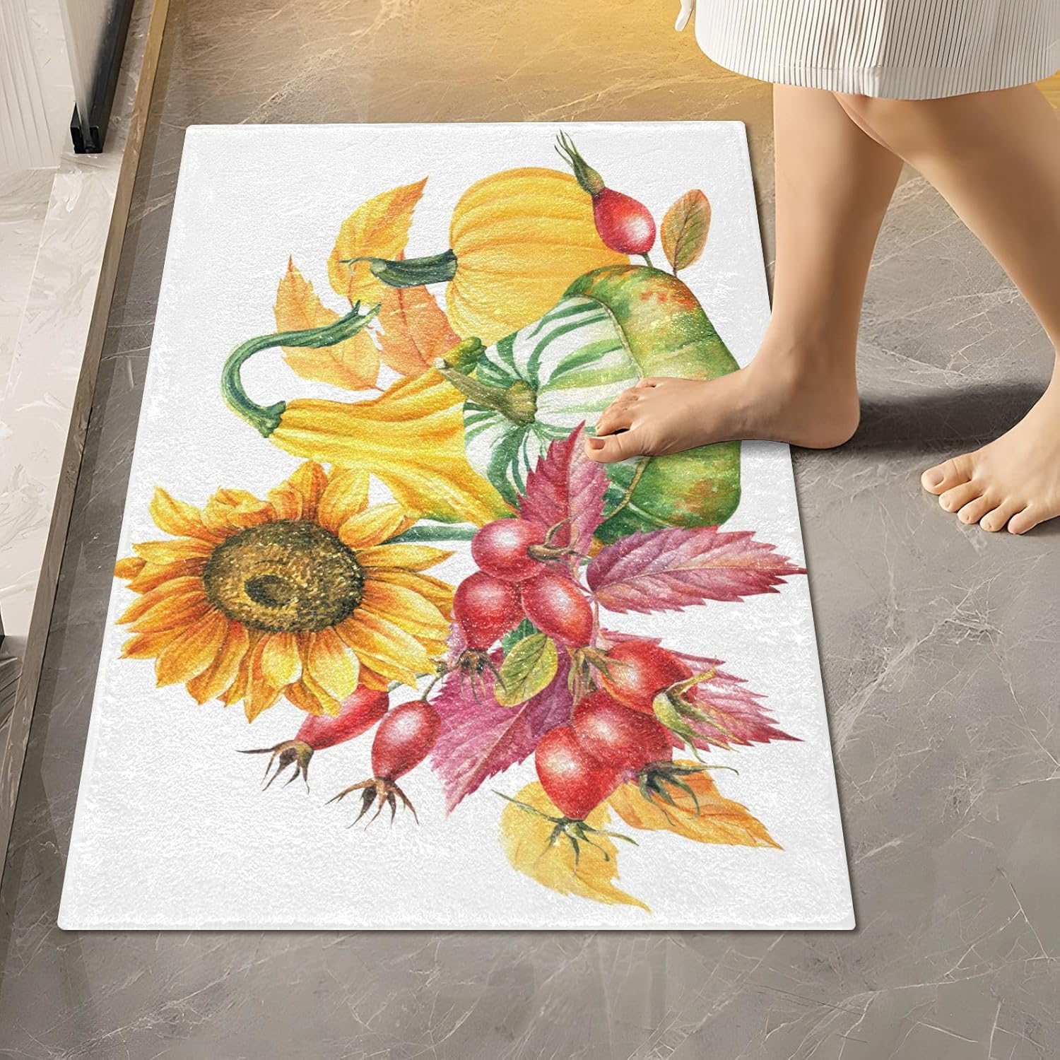 Bathroom Rugs Sets 2 Piece 24×16+24×20 Inch,Soft U-Shaped Contour Toilet Rug Pumpkin Sunflowers Non-Slip Absorbent Bath Floor Mat Carpet Set Water