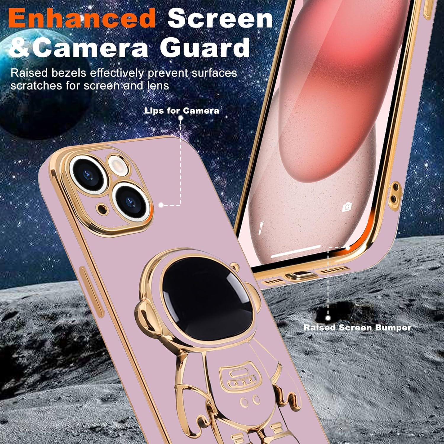 Pepmune Funda para iPhone 15, lindo soporte de astronauta 3D con 2 protectores de pantalla protección de cámara Soporte de silicona suave a prueba