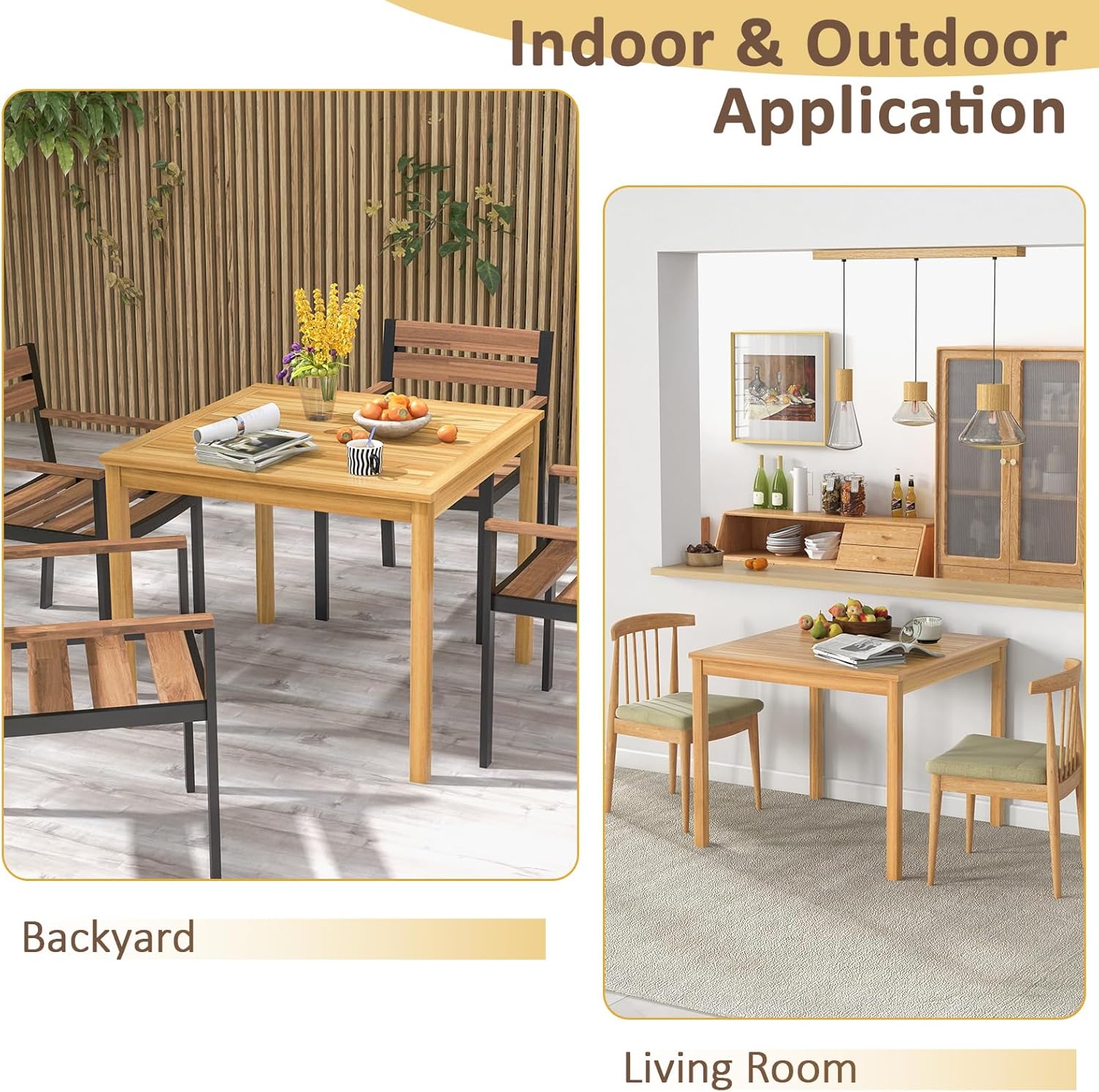 Tangkula Mesa de comedor cuadrada para exteriores, mesa de comedor de madera de acacia para 4 personas con agujero para sombrilla de 1.9 pulgadas,