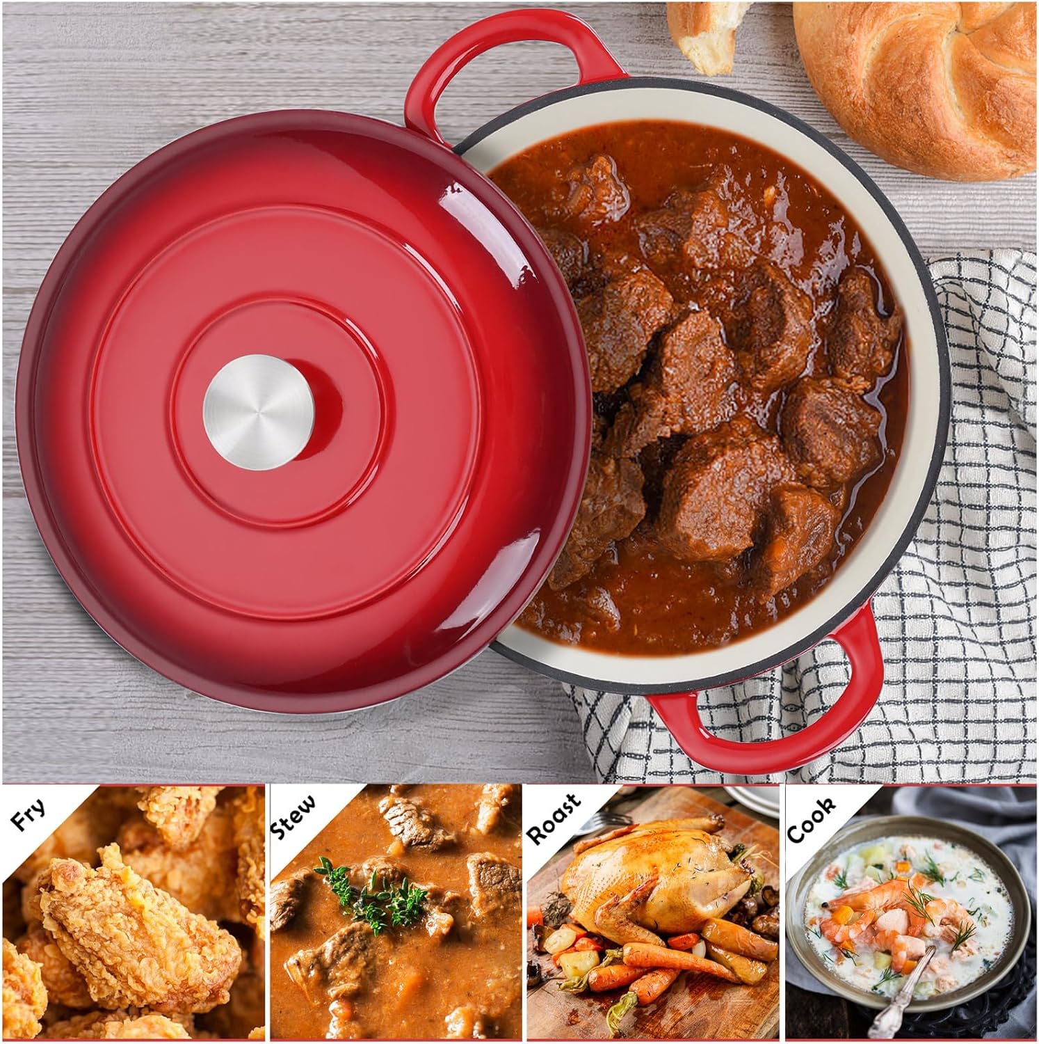 TeamFar Horno holandés de 6 cuartos de galón con tapa, horno holandés de hierro fundido esmaltado, olla antiadherente para cocinar, guisar, estofar,