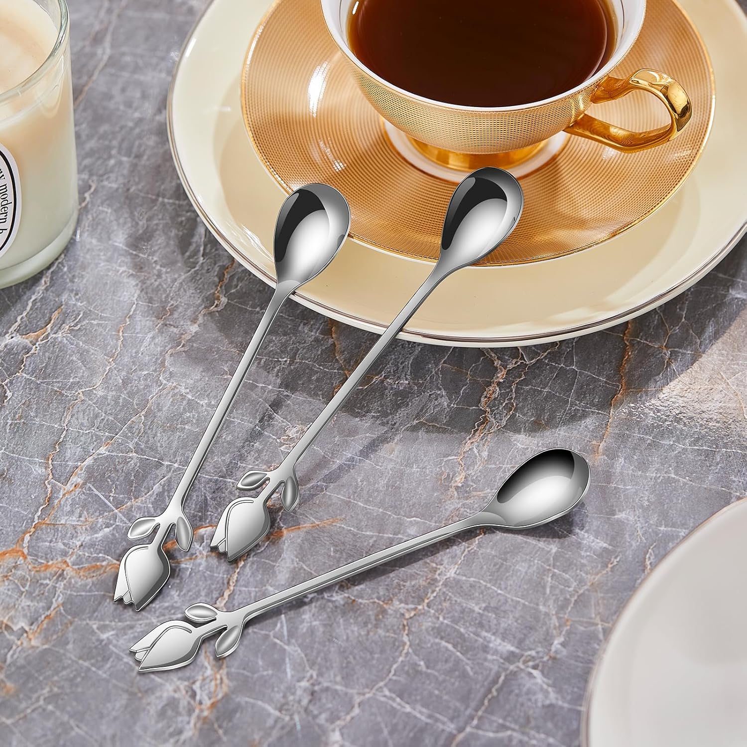 Juego de cucharas de café pequeñas plateadas con mango de tulipánrosa de 6 pulgadas, 12 piezas, acero inoxidable