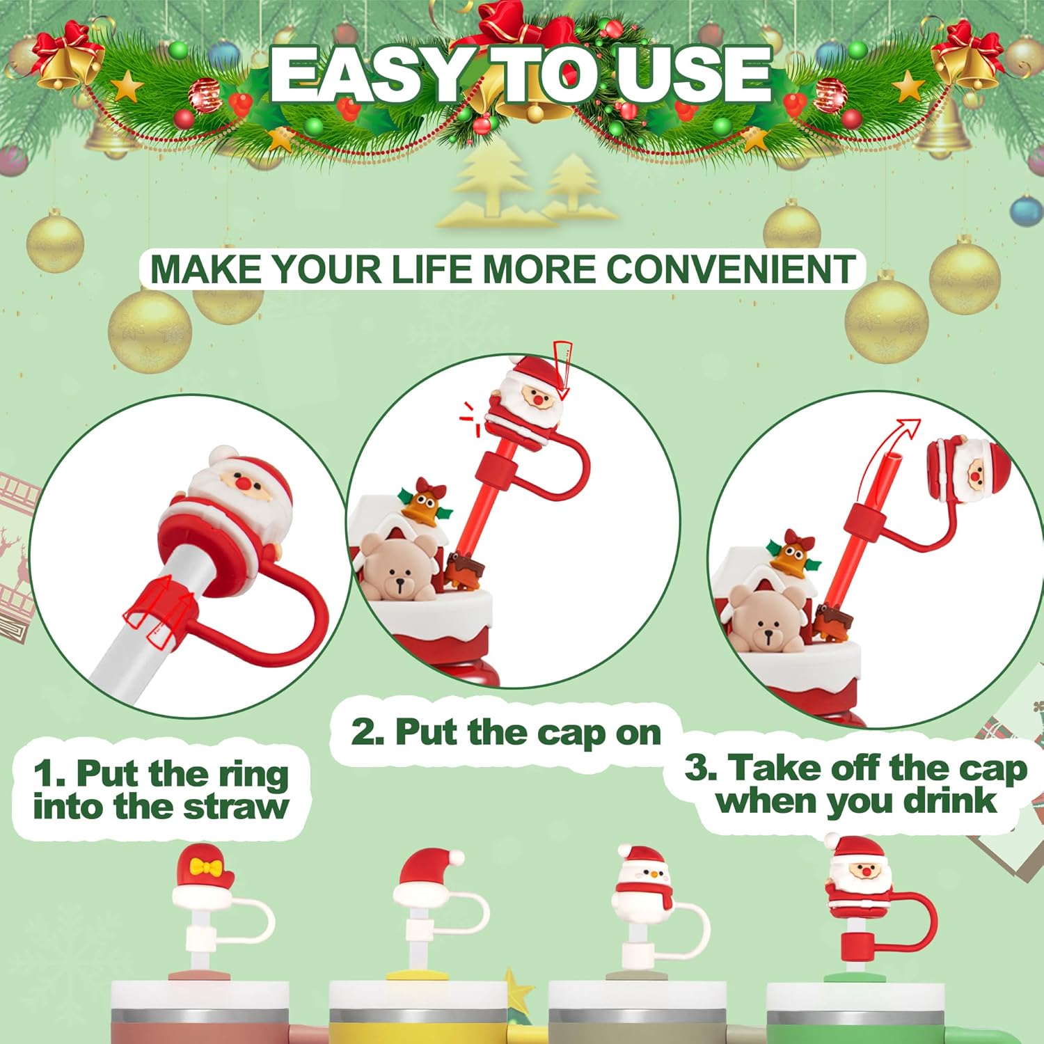 YUNAI 4 fundas de popote Stanley de Navidad, 0.39 pulgadas de silicona, bonitas tapas compatibles con vaso Stanley de 40 onzas, adornos de paja para