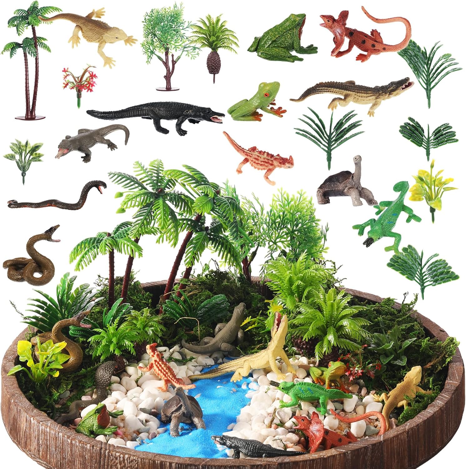 Sratte Juego de 26 figuras de anfibios de sangre fría, kit de árboles modelo con Komodo dragón, lagarto, serpiente, camaleón, juguete, kit de