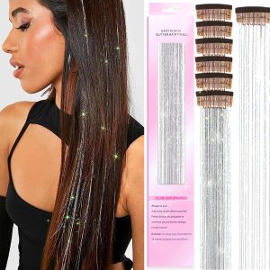 Paquete de 6 piezas de kit de oropel con clip, extensión de cabello de oropel con purpurina de 20 pulgadas con clips, resistente al calor, mechones Paquete de 6 piezas de kit de oropel con clip, extensión de cabello de oropel con purpurina de 20 pulgadas con clips, resistente al calor, mechones