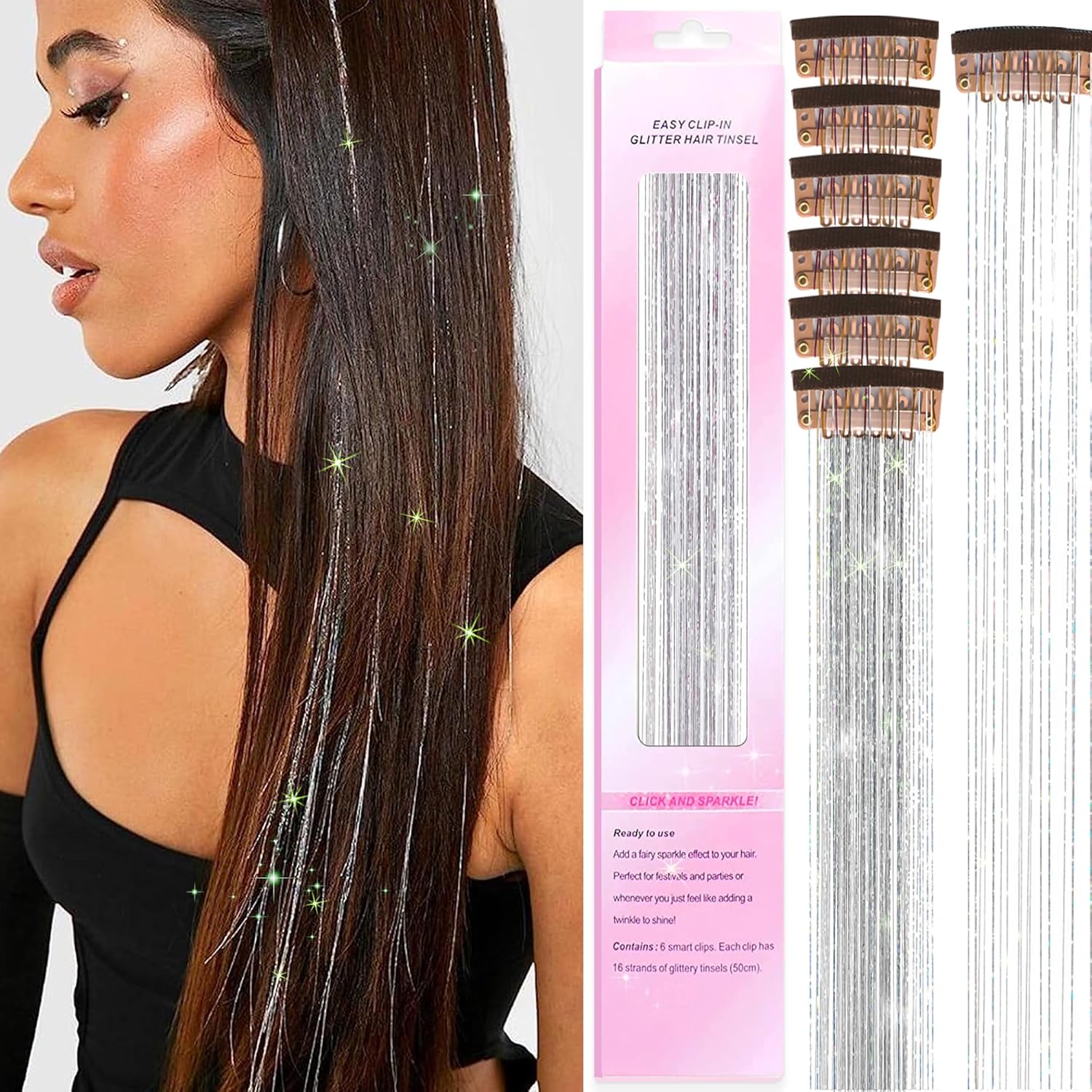 Paquete de 6 piezas de kit de oropel con clip, extensión de cabello de oropel con purpurina de 20 pulgadas con clips, resistente al calor, mechones