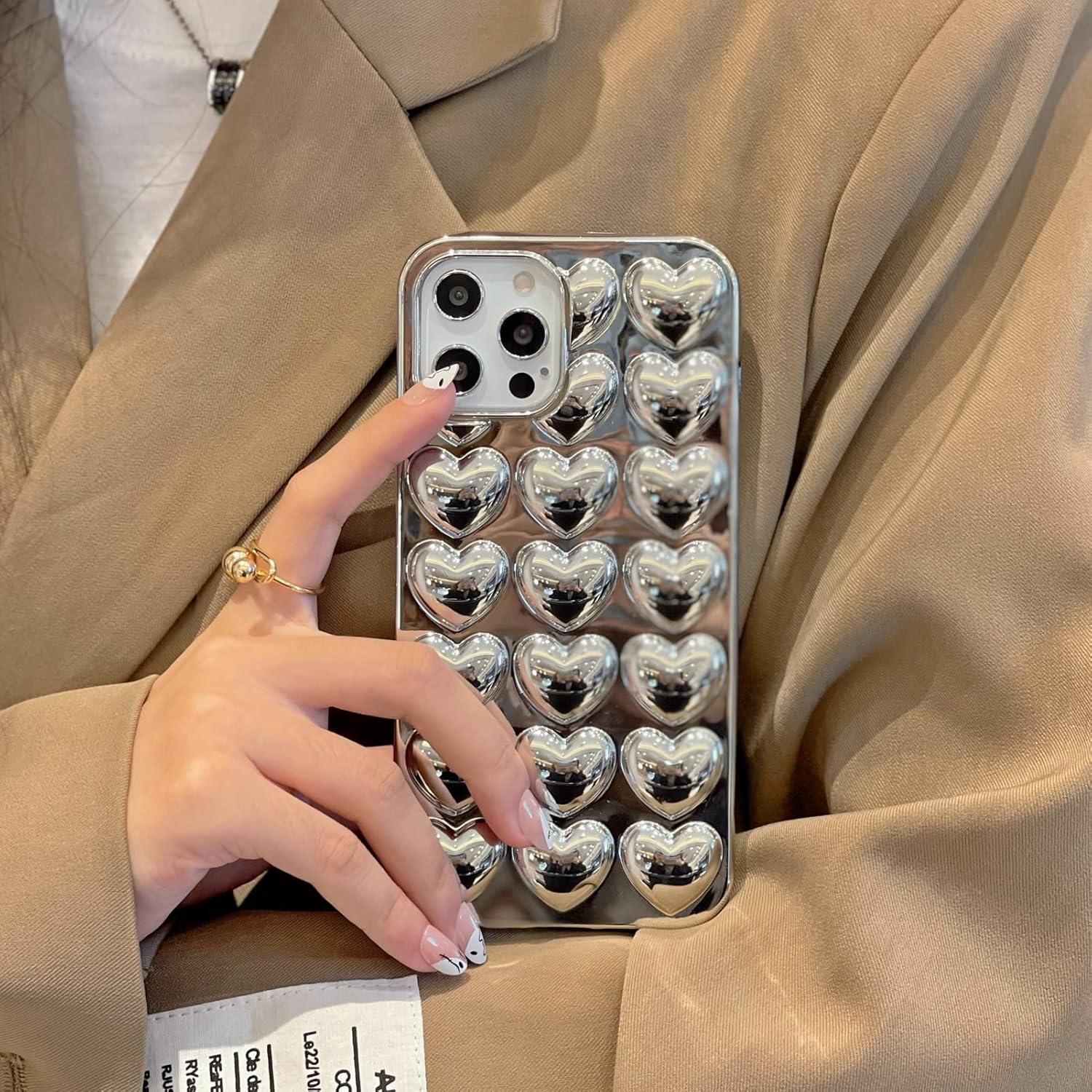 Funda para teléfono con diseño de corazón chapado en 3D, color plateado, compatible con iPhone 12 Pro Max, galvanizada en forma de corazón, de lujo,