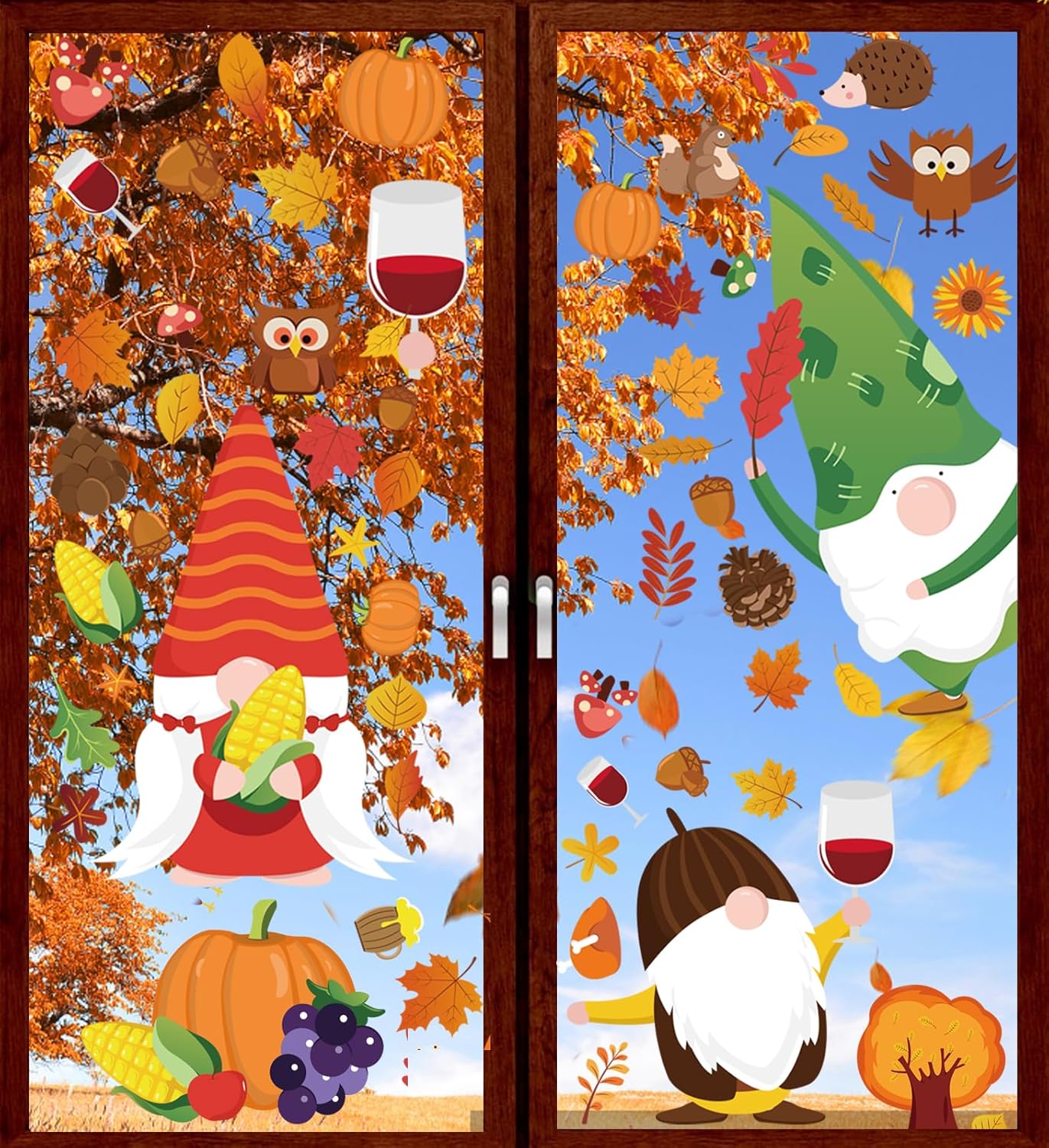 Adhesivos de gnomo de otoño para ventana de cristal, 9 hojas de Acción de Gracias, calcomanías de calabaza de doble cara, decoración para el hogar,